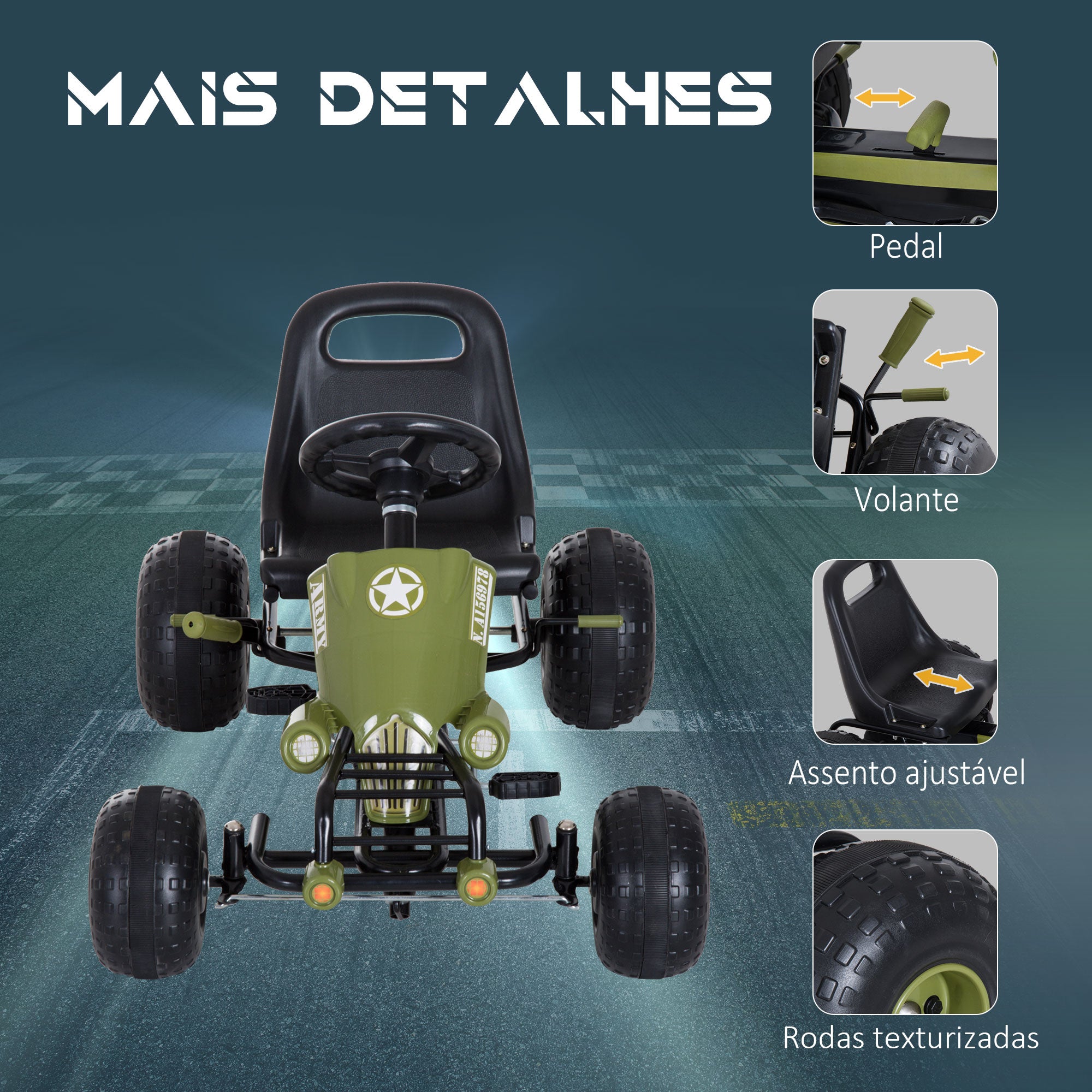Kart a Pedais com Assento Ajustável 99x65x56 cm Negro e Verde