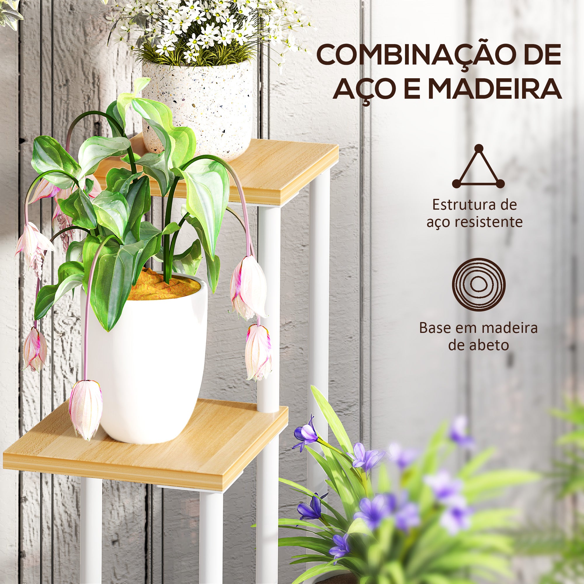 Suporte para Plantas de 4 Níveis Madeira e Branco 53x42x85 cm