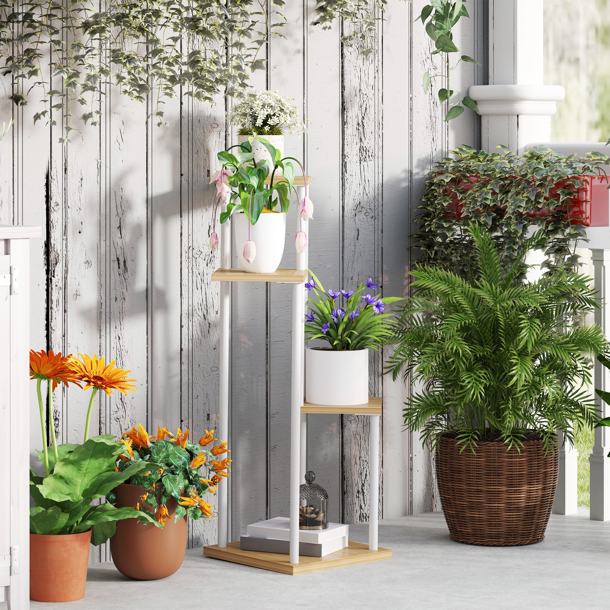 Suporte para Plantas de 4 Níveis Madeira e Branco 53x42x85 cm