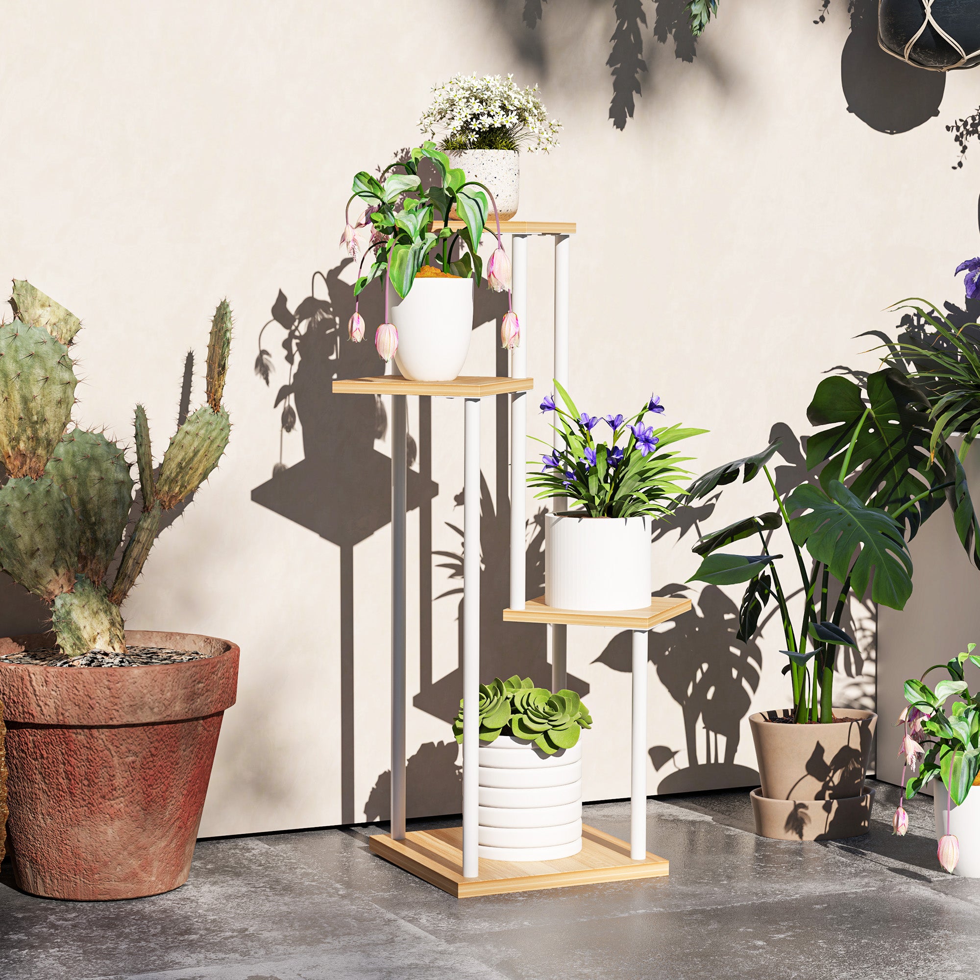 Suporte para Plantas de 4 Níveis Madeira e Branco 53x42x85 cm