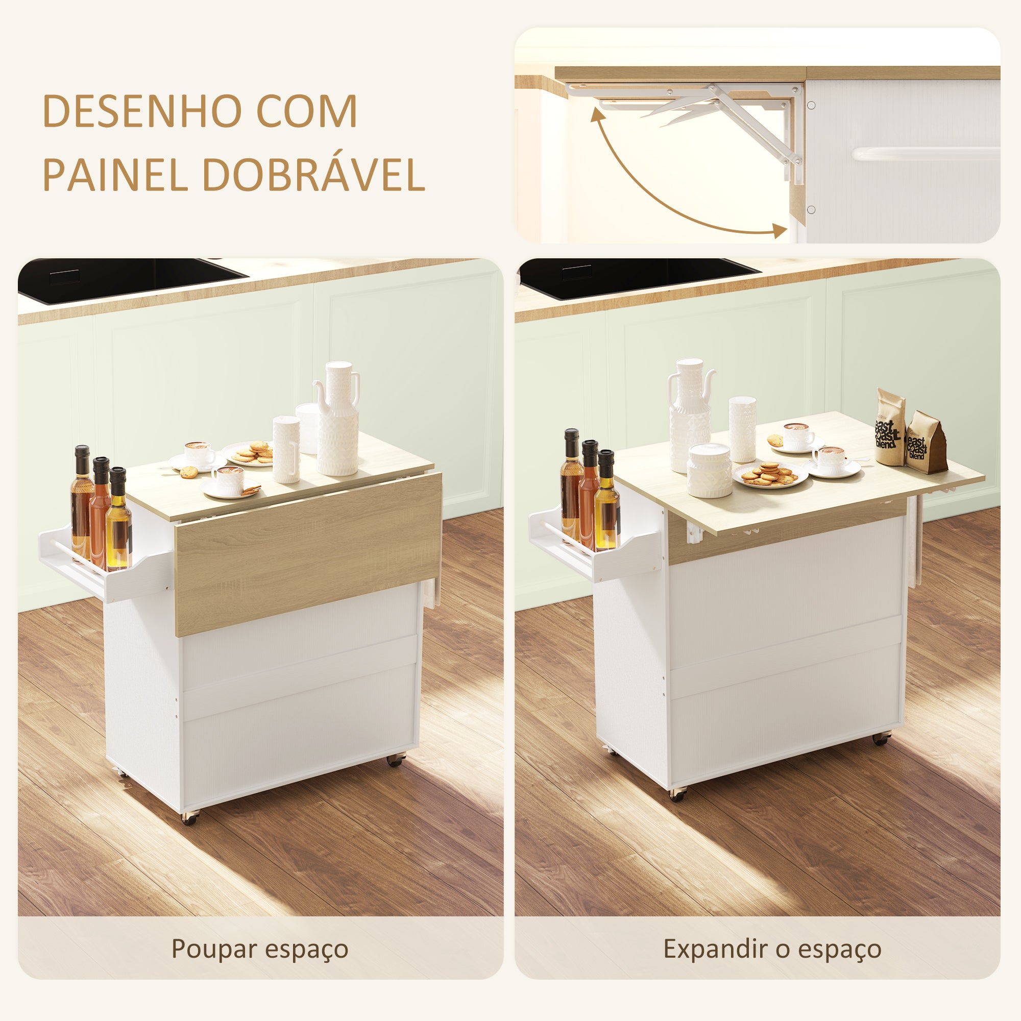 Ilha de Cozinha - 106x42x87 cm - Branco - Melamina de madeira, MDF e aço