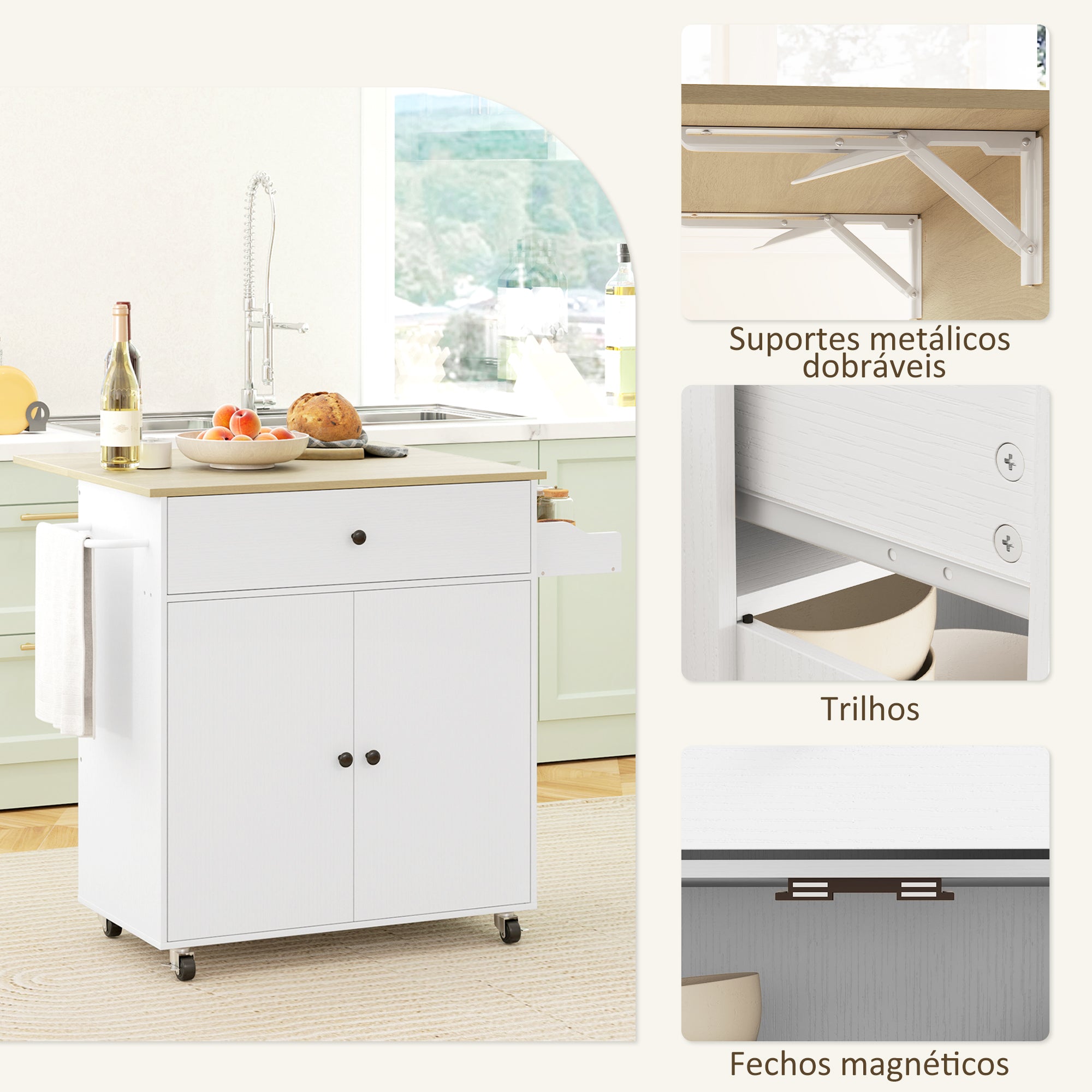 Ilha de Cozinha - 106x42x87 cm - Branco - Melamina de madeira, MDF e aço