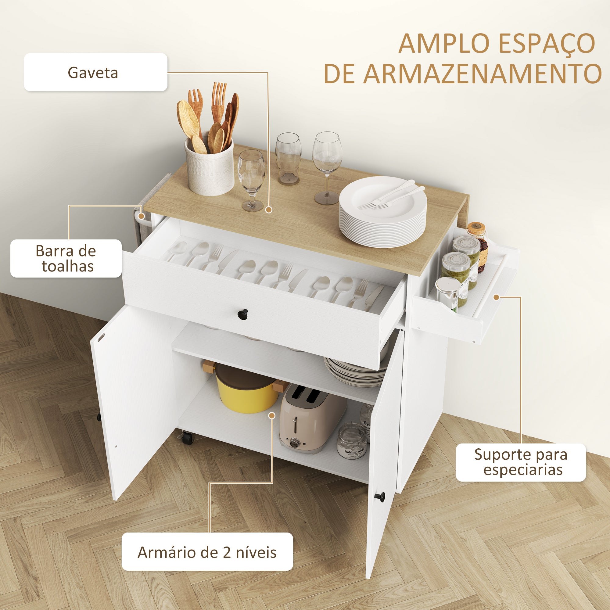 Ilha de Cozinha - 106x42x87 cm - Branco - Melamina de madeira, MDF e aço