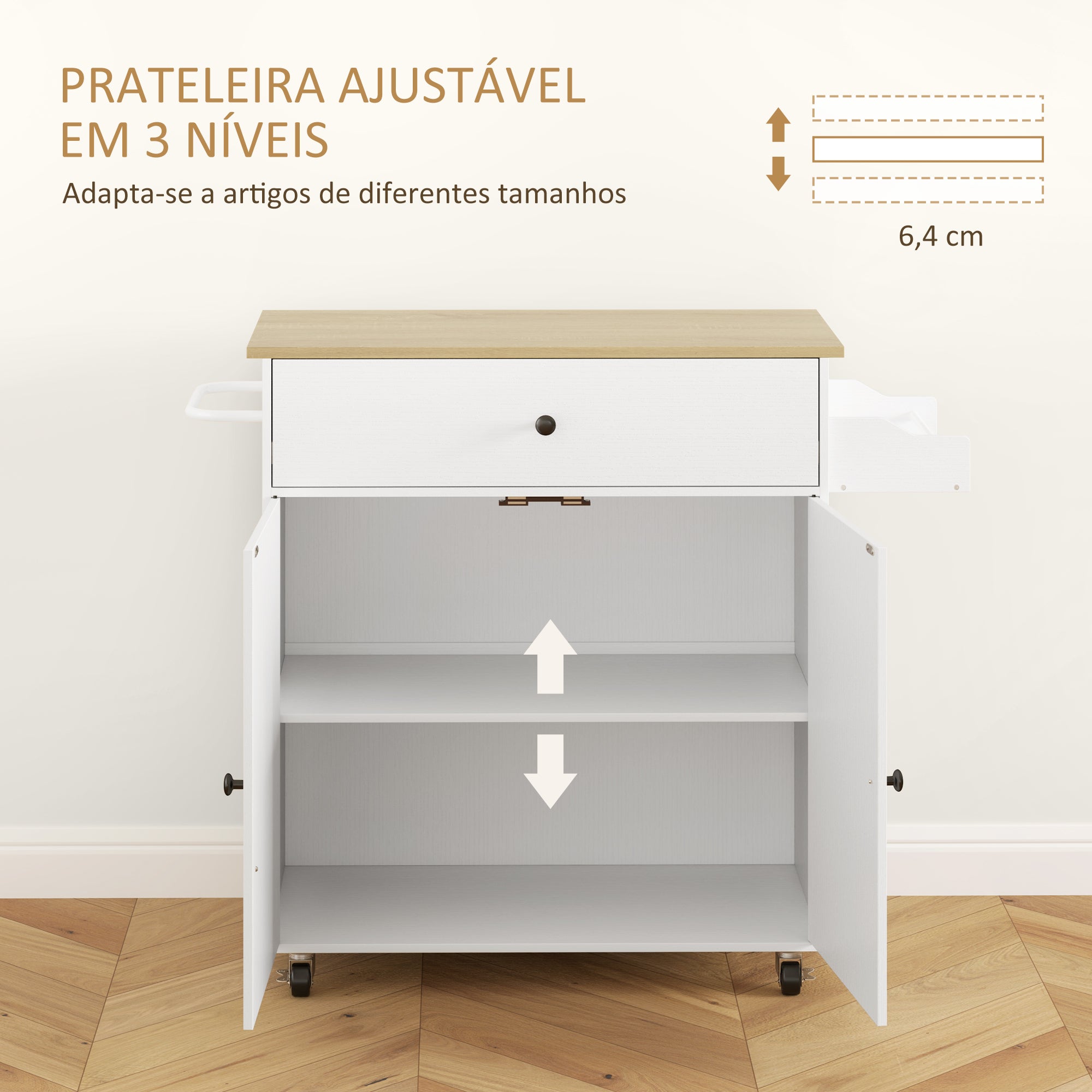 Ilha de Cozinha - 106x42x87 cm - Branco - Melamina de madeira, MDF e aço