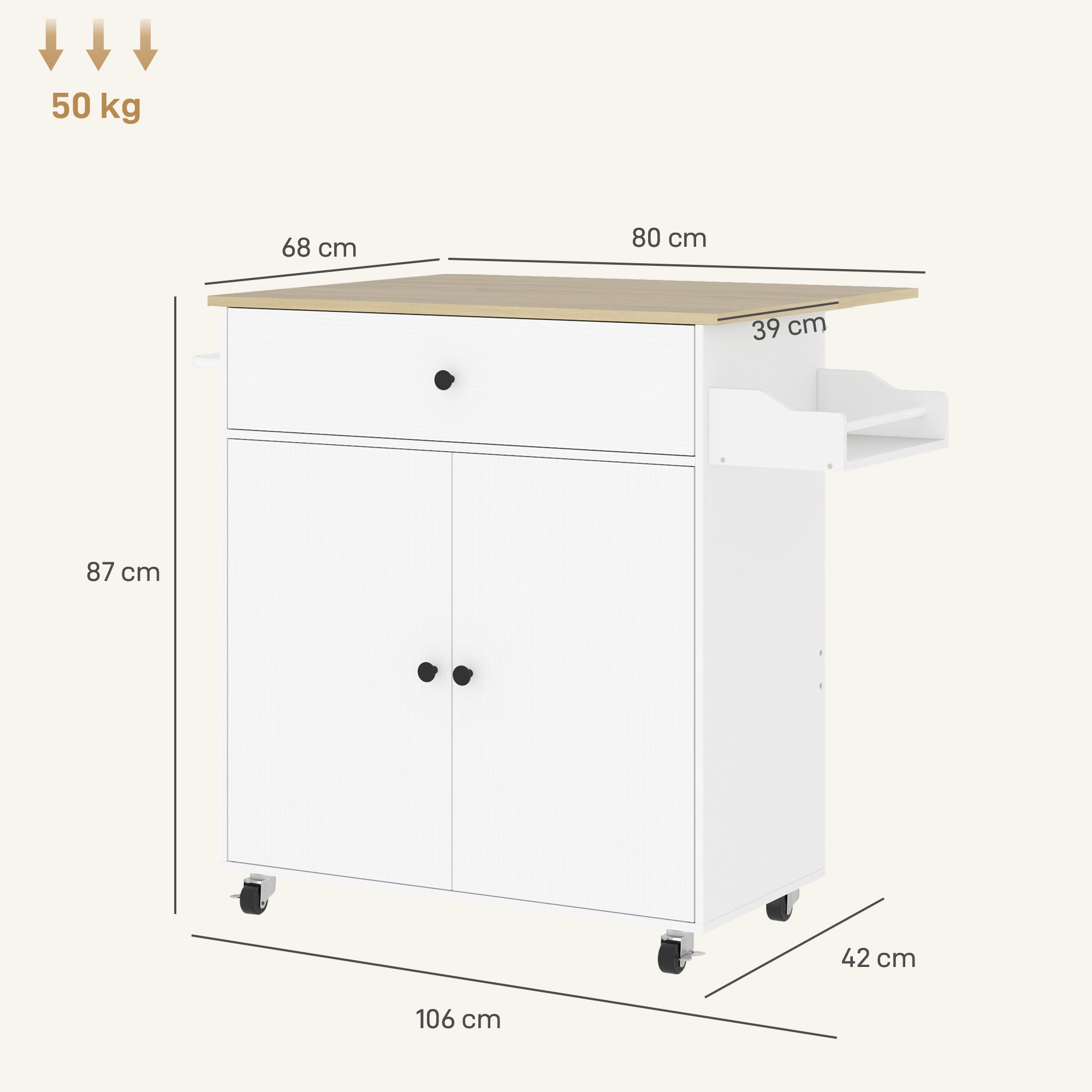 Ilha de Cozinha - 106x42x87 cm - Branco - Melamina de madeira, MDF e aço