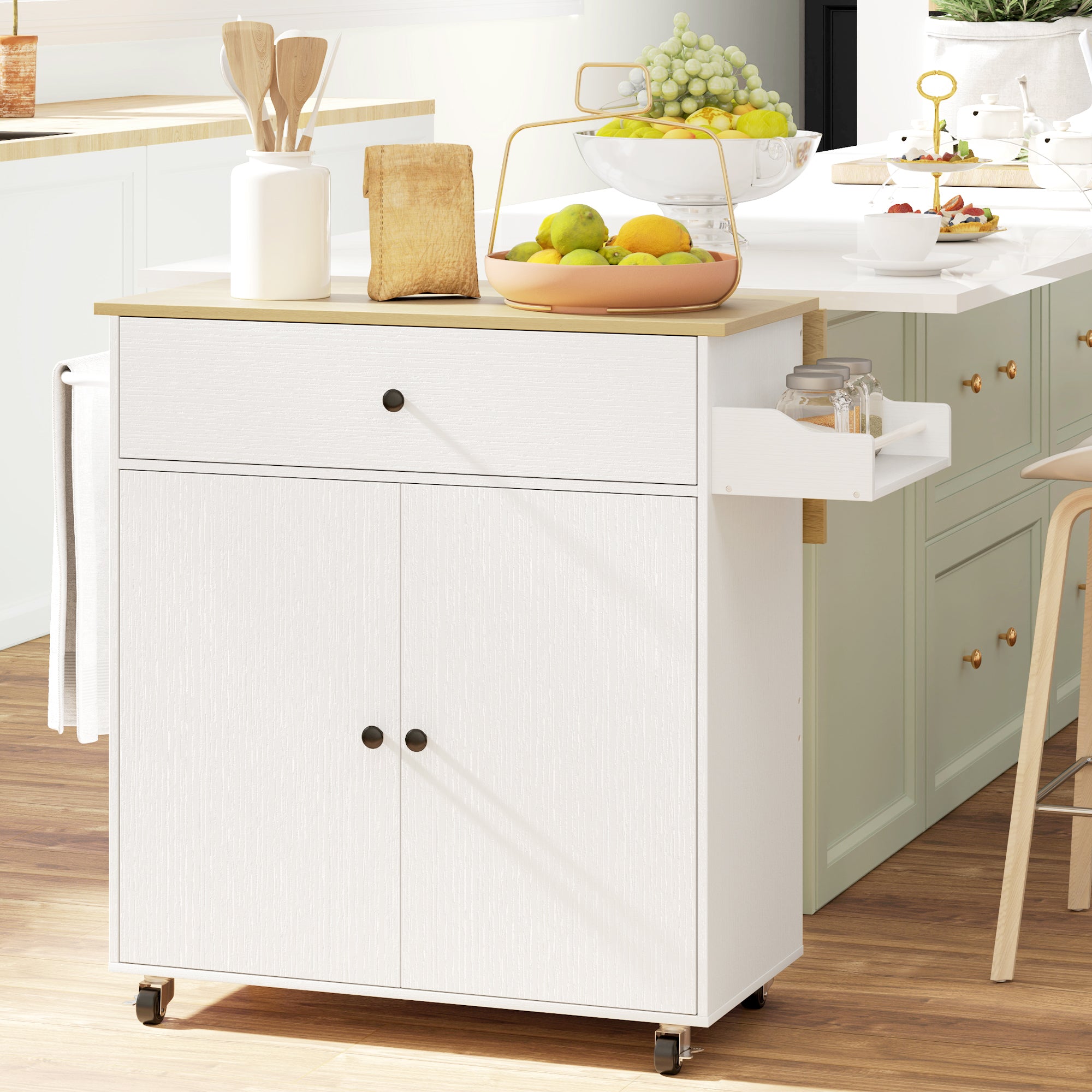 Ilha de Cozinha - 106x42x87 cm - Branco - Melamina de madeira, MDF e aço