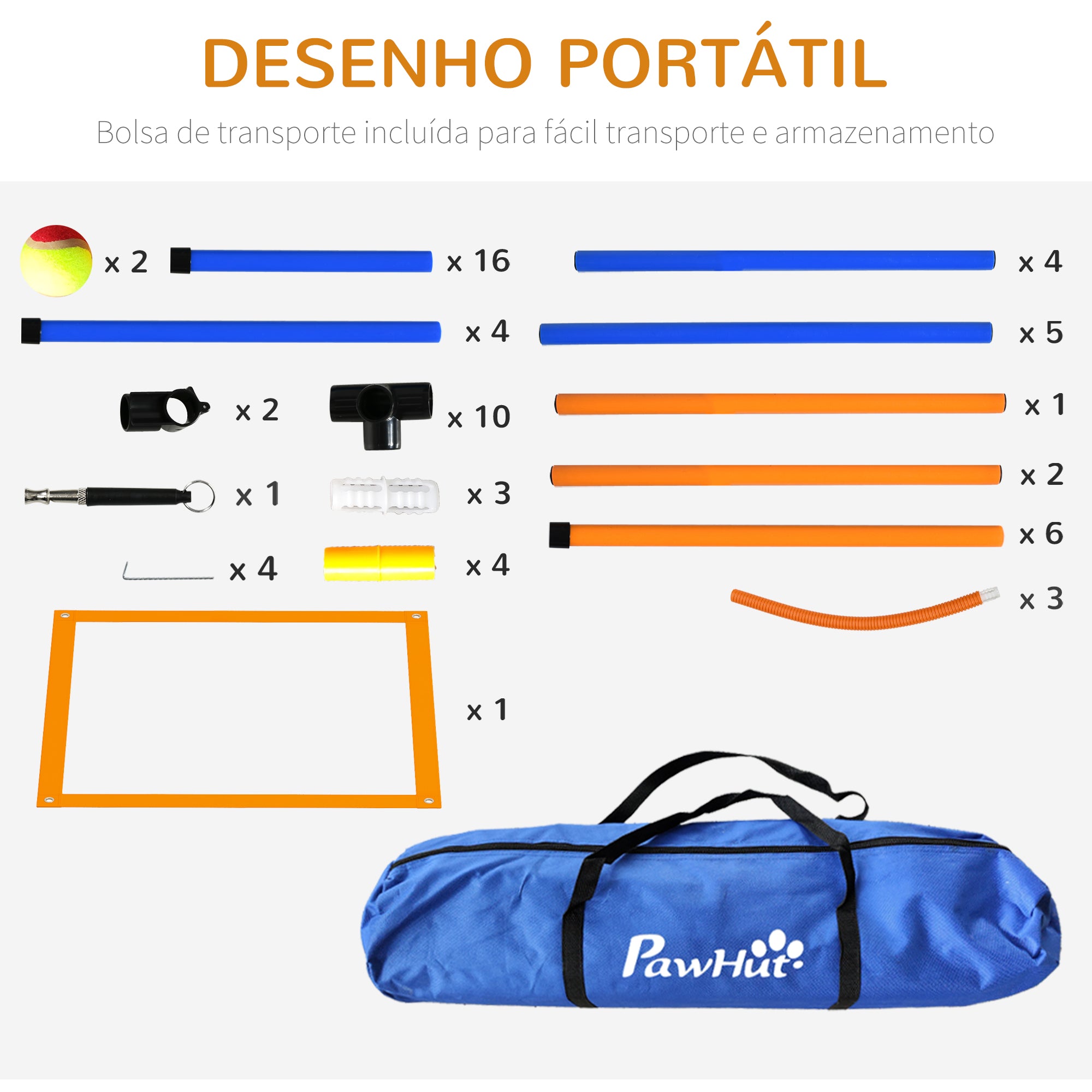 Conjunto de Treino de Agilidade para Cães – 73x66x92 cm – Laranja e Azul
