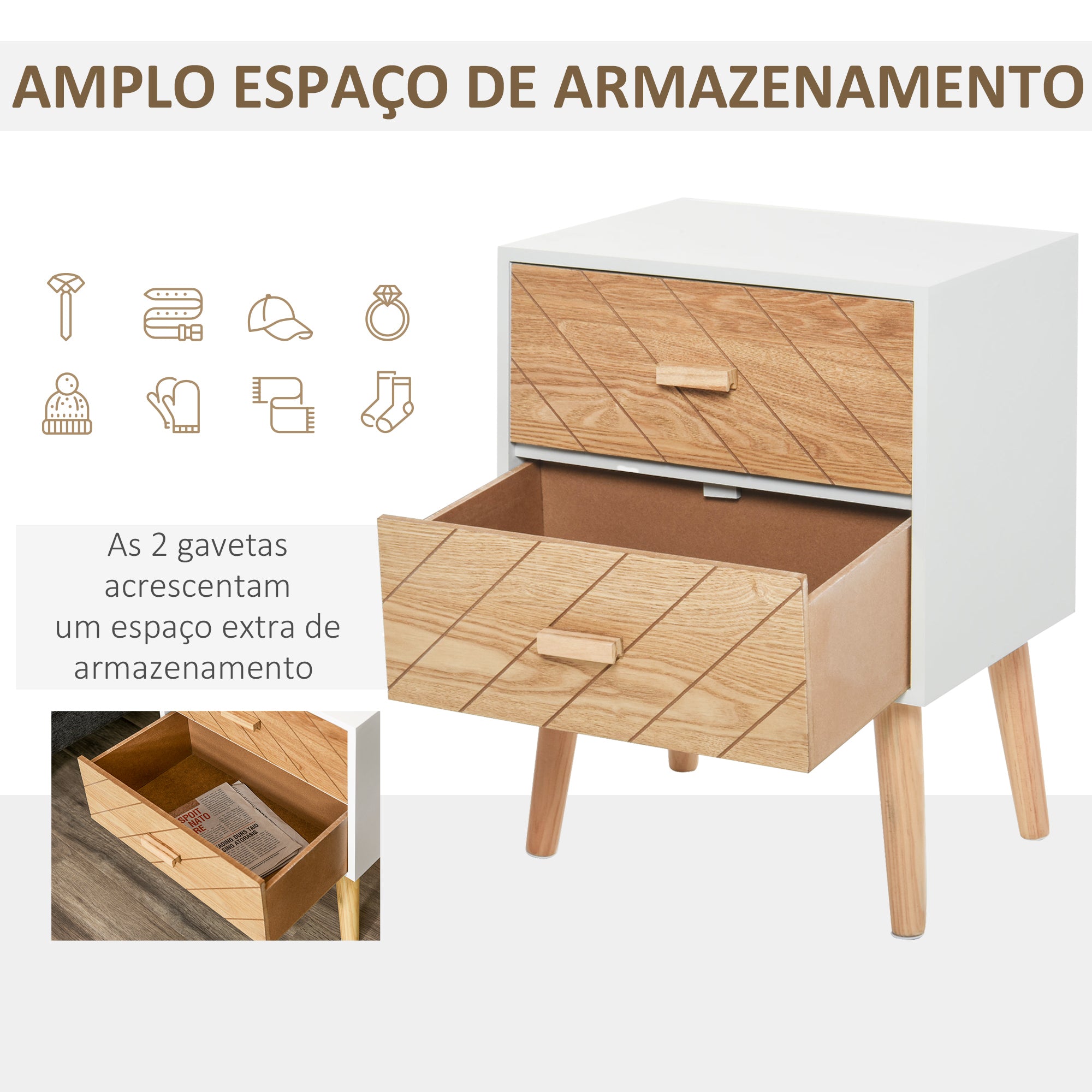 Mesa de Cabeceira com 2 Gavetas 40x30x55,5 cm - Branco e Madeira