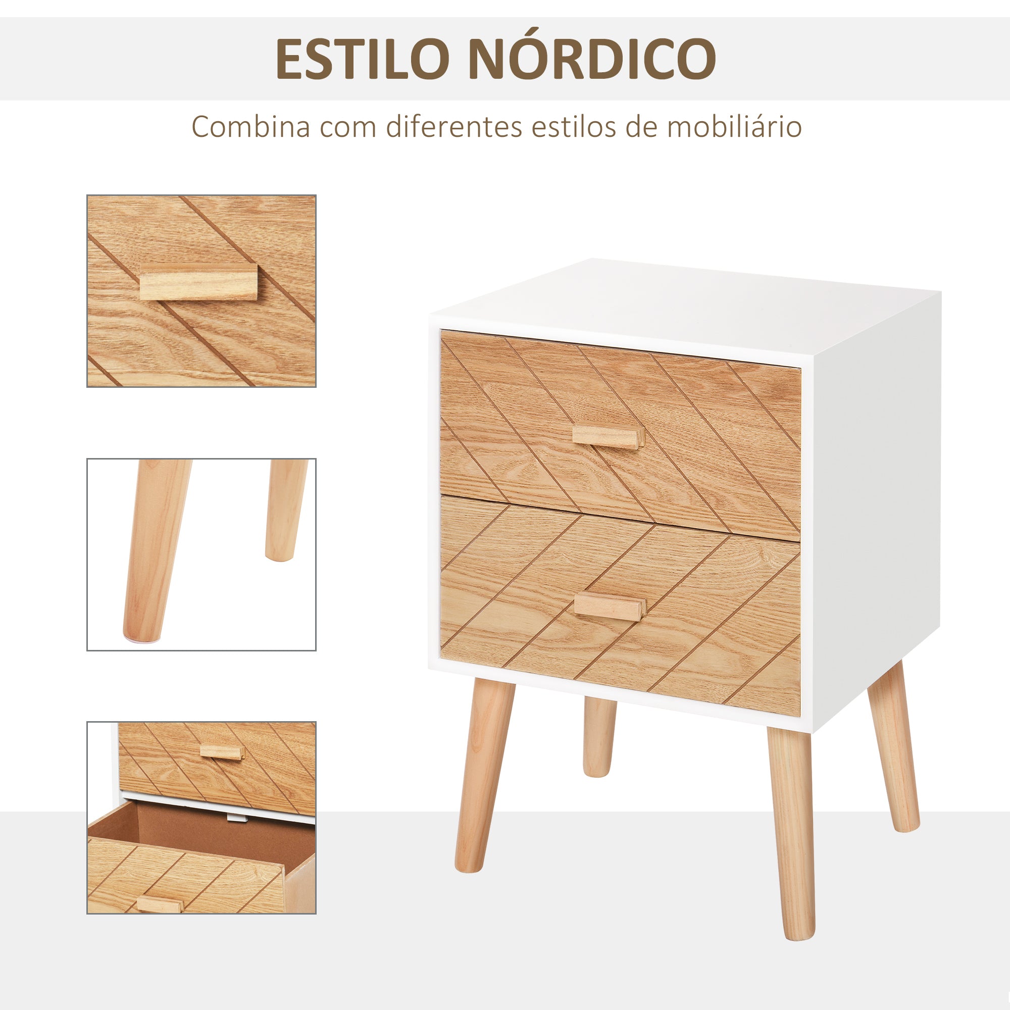 Mesa de Cabeceira com 2 Gavetas 40x30x55,5 cm - Branco e Madeira