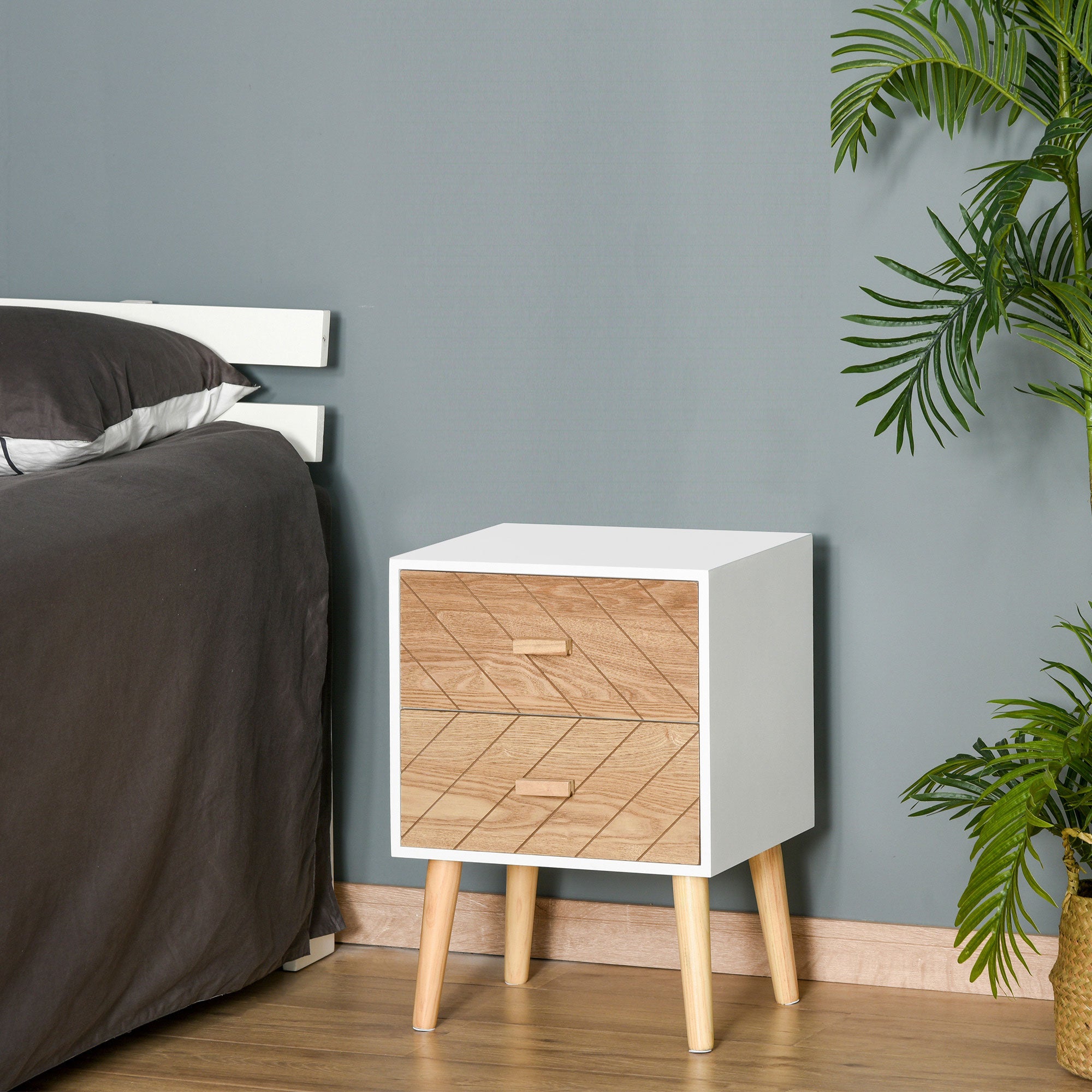 Mesa de Cabeceira com 2 Gavetas 40x30x55,5 cm - Branco e Madeira