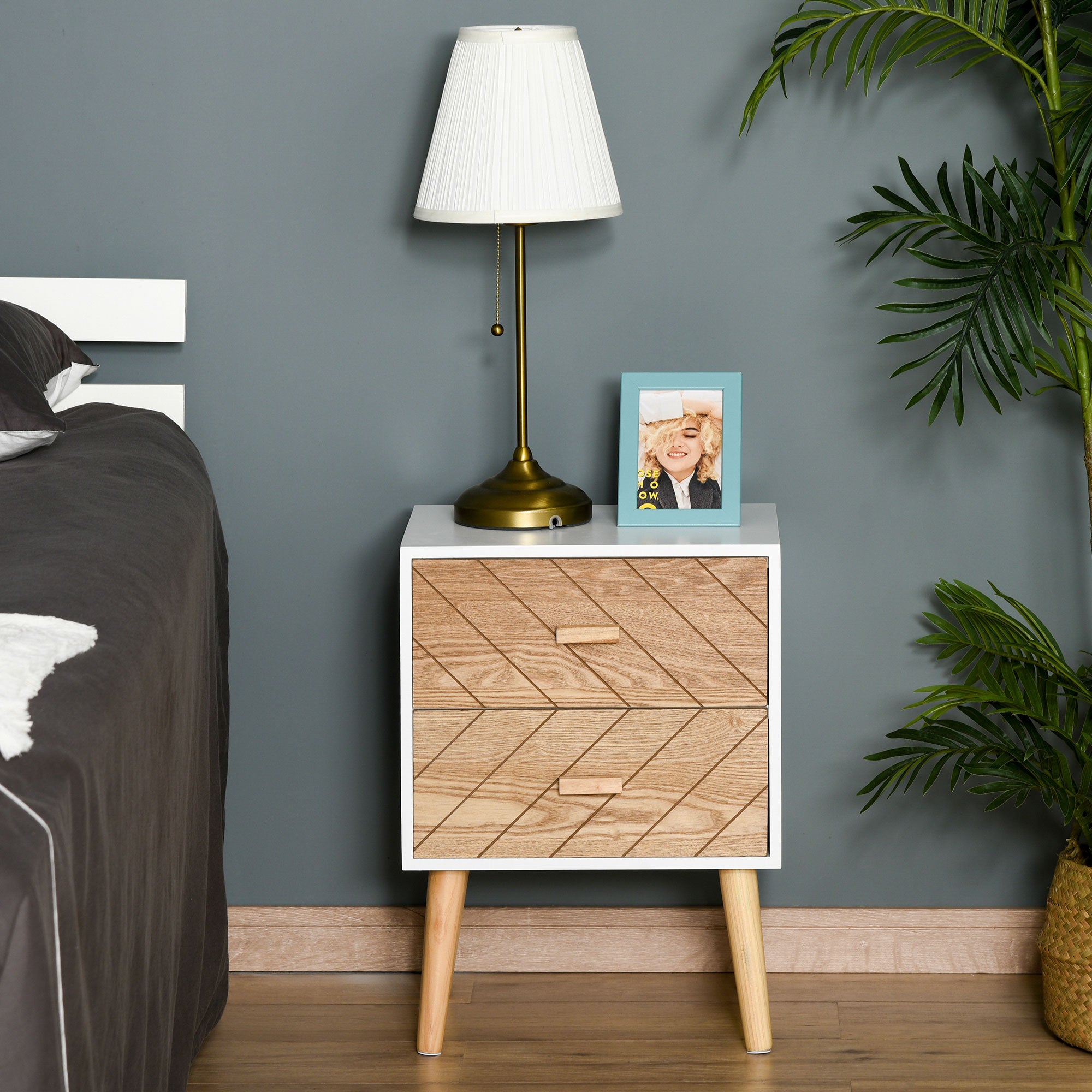 Mesa de Cabeceira com 2 Gavetas 40x30x55,5 cm - Branco e Madeira