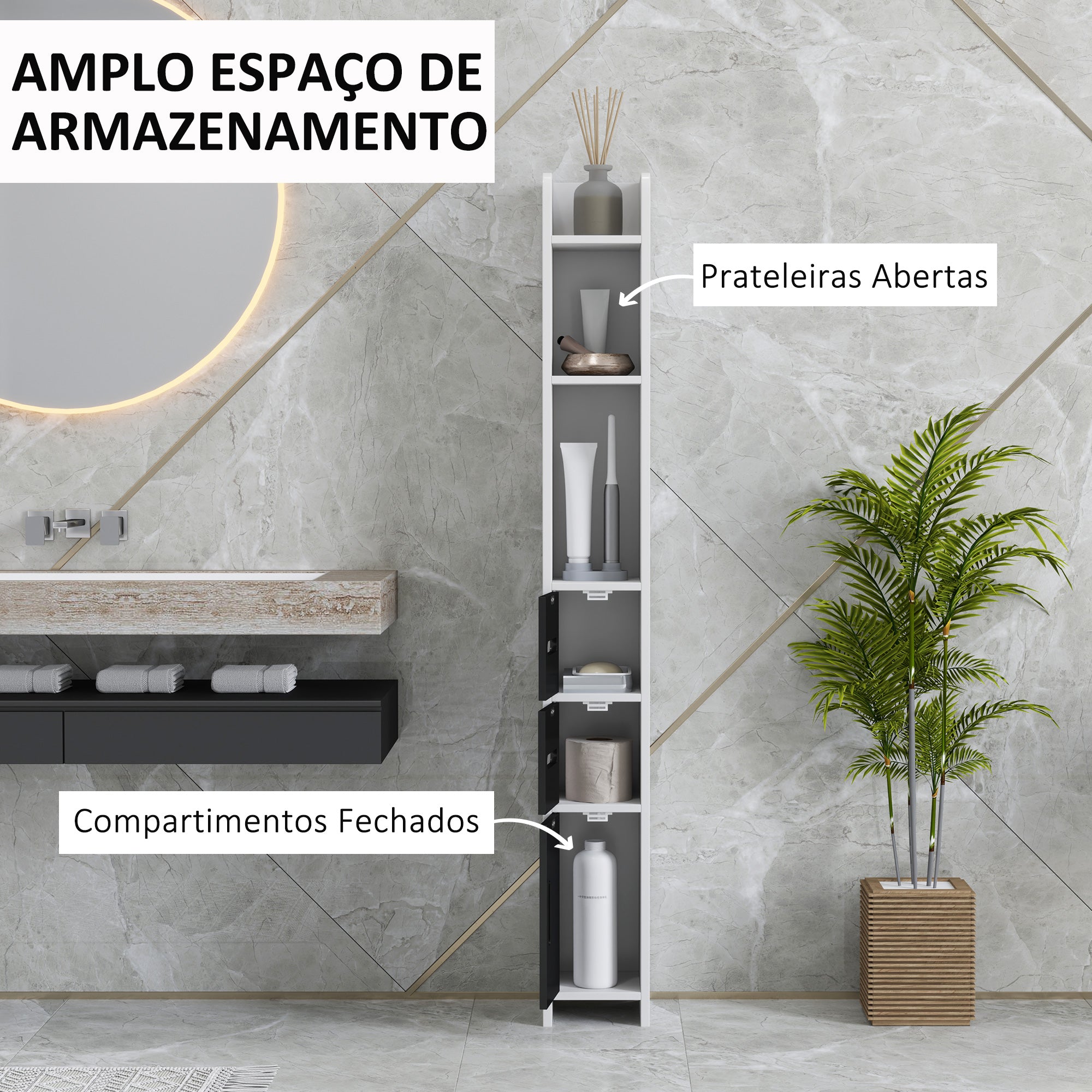 Coluna Casa de Banho Moderna 15x17x120 cm - Branco e Preto