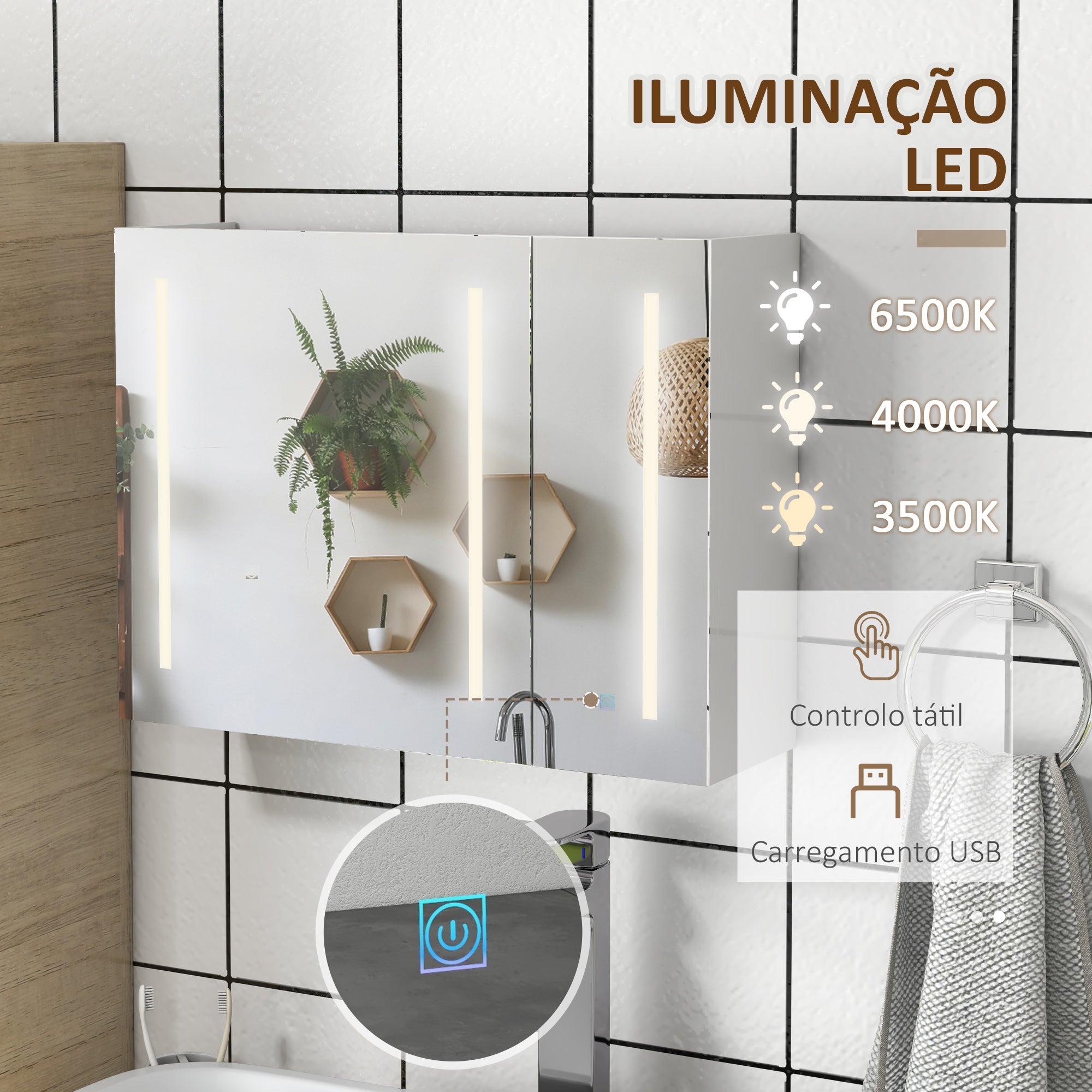 Armário Casa de Banho LED com Espelho 90x15x70 cm - Branco