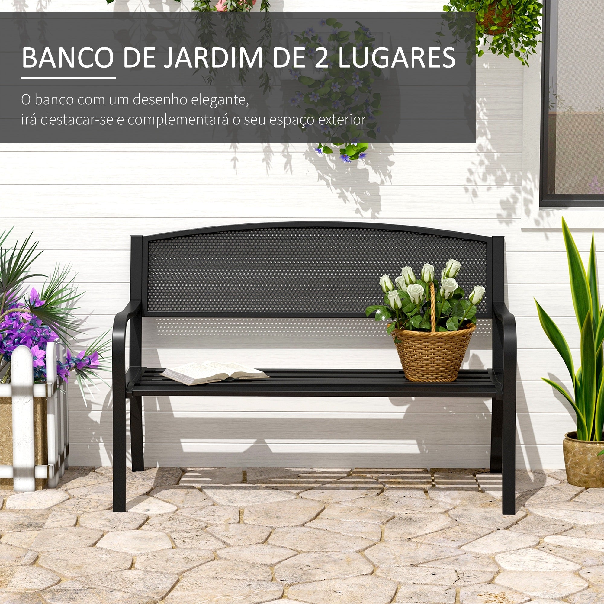 Banco de Jardim de 2 Lugares Preto 127x60x87 cm