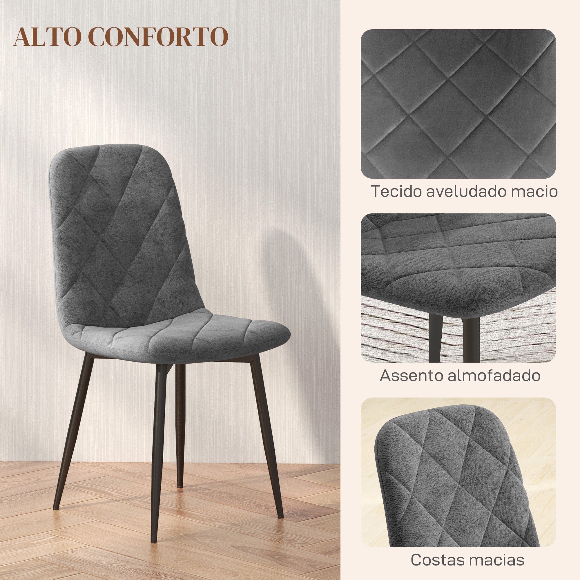 Conjunto de 4 Cadeiras de Jantar Estofadas em Veludo Cinzento 45x54x87 cm
