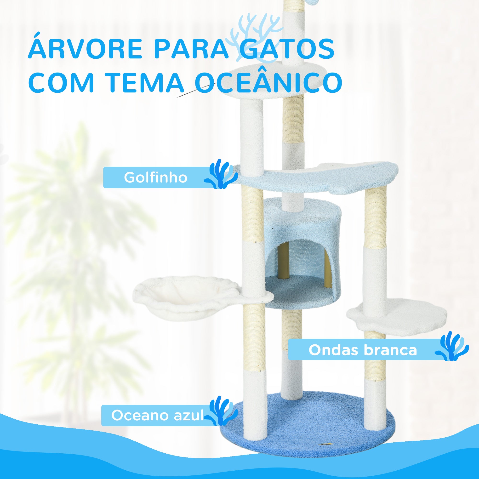 Arranhador para Gatos Grande Ø54,5x155 cm - Branco, Azul e Creme