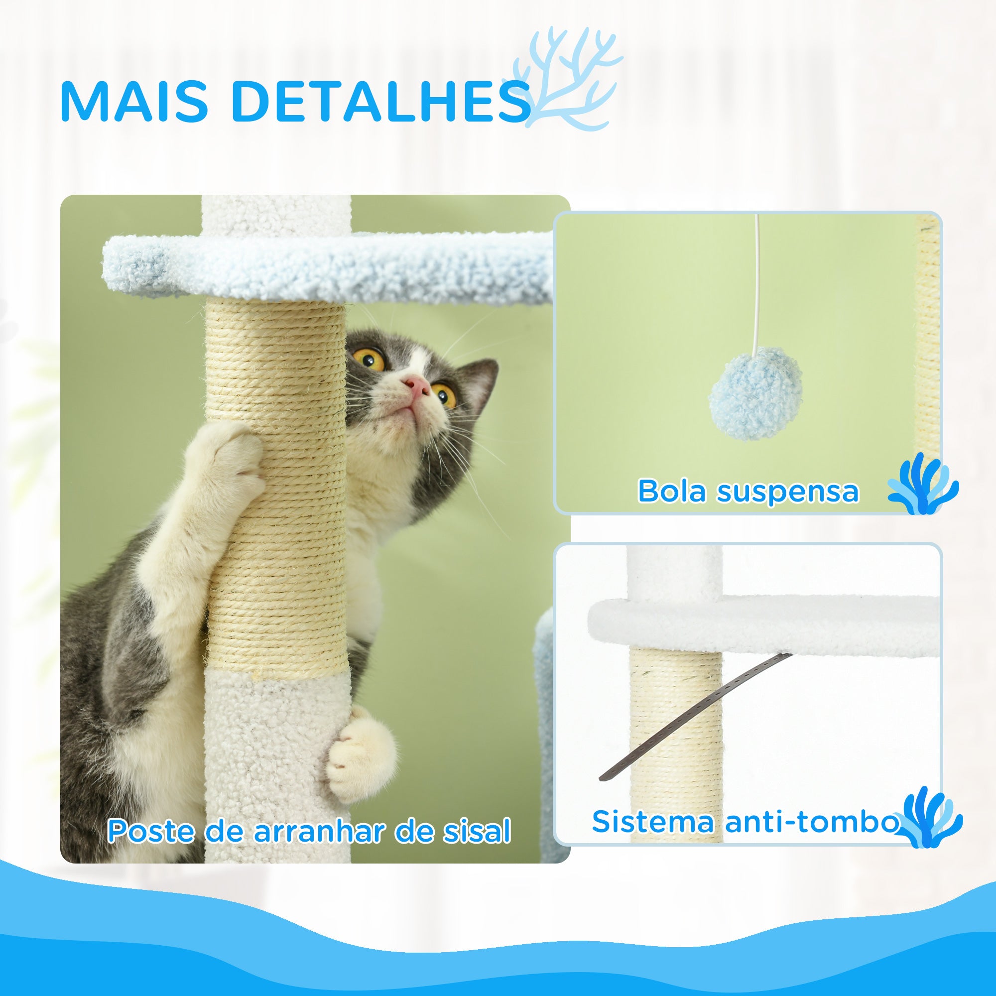Arranhador para Gatos Grande Ø54,5x155 cm - Branco, Azul e Creme