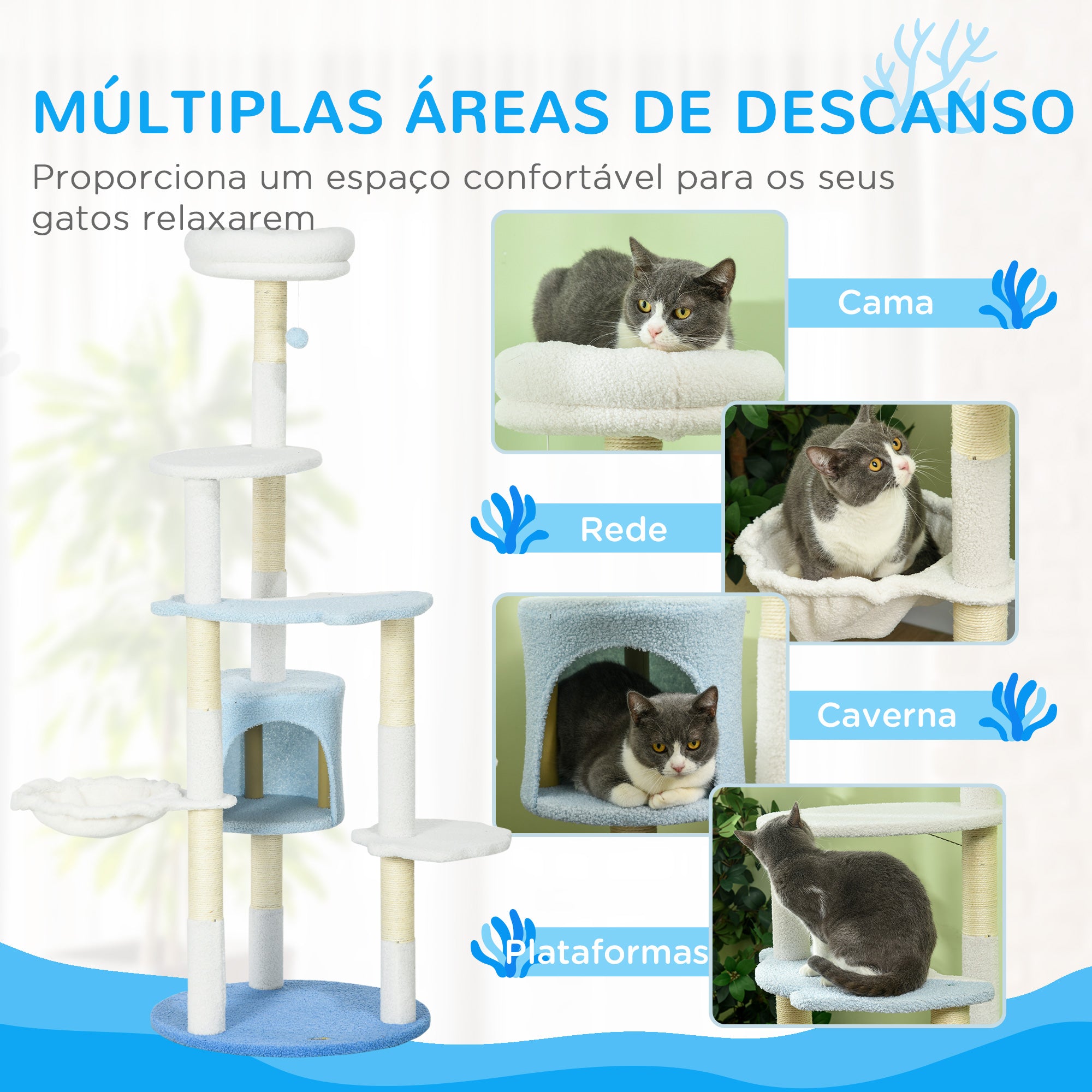 Arranhador para Gatos Grande Ø54,5x155 cm - Branco, Azul e Creme