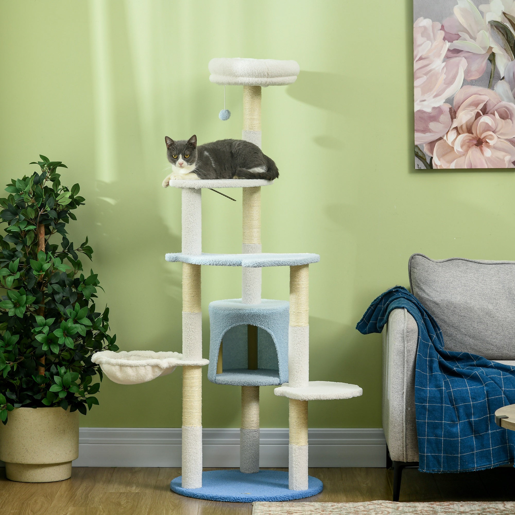 Arranhador para Gatos Grande Ø54,5x155 cm - Branco, Azul e Creme