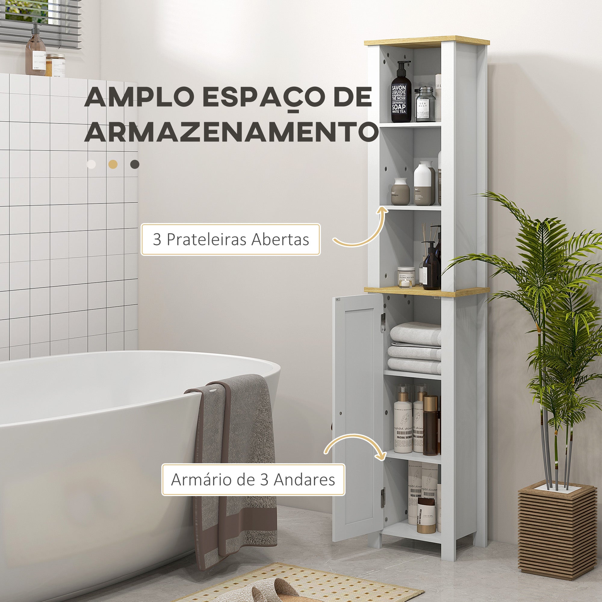 Coluna Casa de Banho Móvel Auxiliar 34x23x165 cm Branco e Madeira