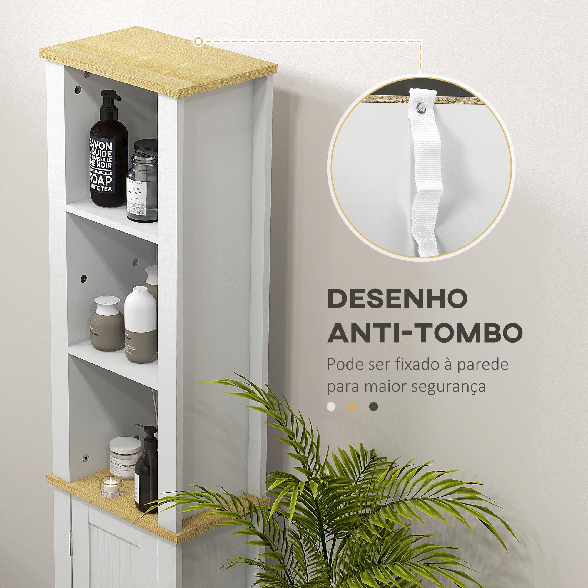 Coluna Casa de Banho Móvel Auxiliar 34x23x165 cm Branco e Madeira