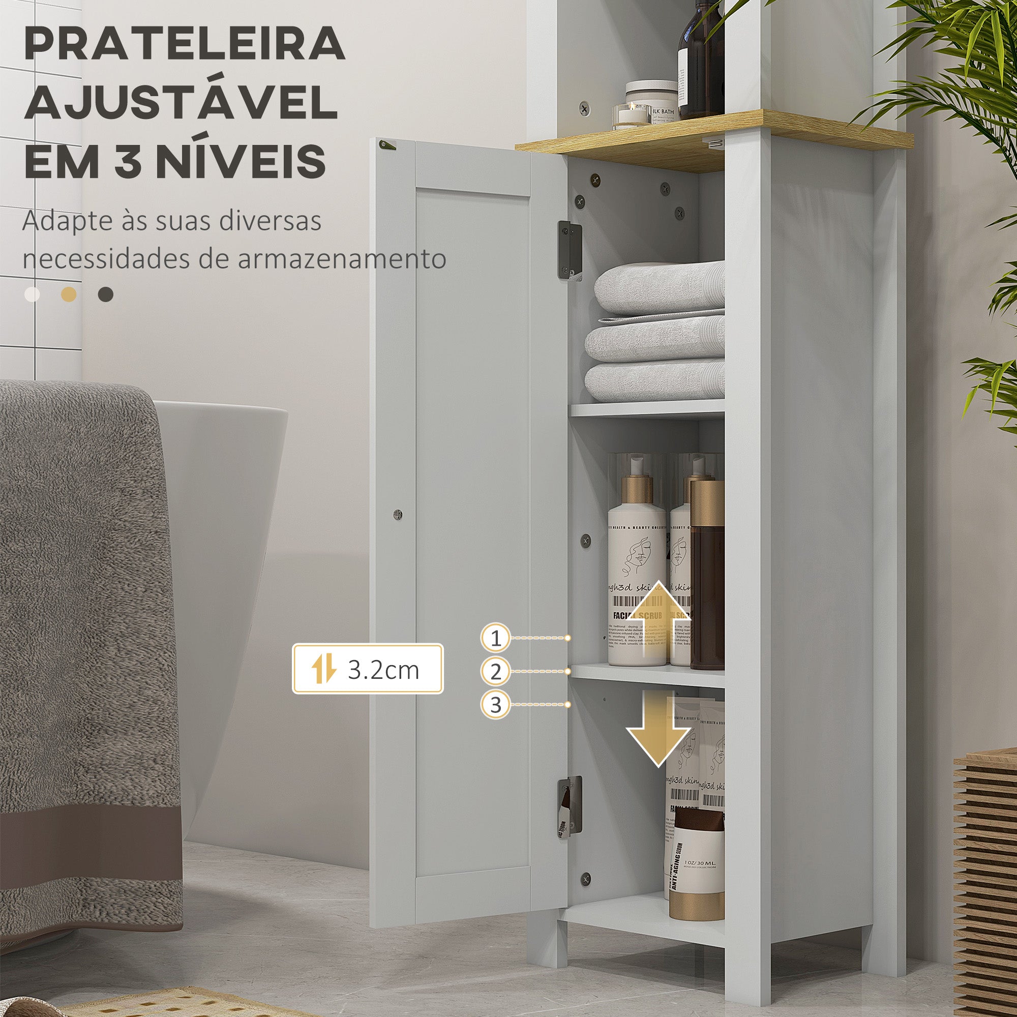 Coluna Casa de Banho Móvel Auxiliar 34x23x165 cm Branco e Madeira