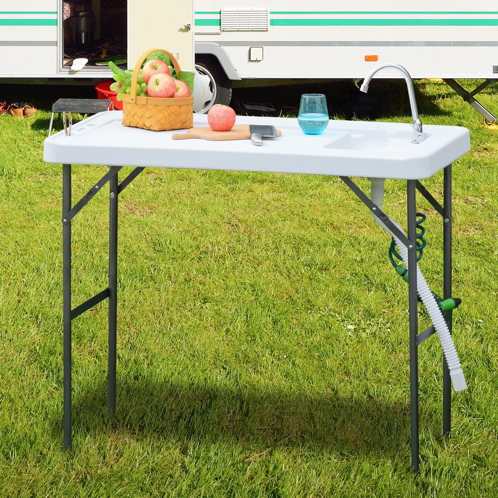 Mesa de Piquenique Dobrável com Pia e Pistola de Irrigação Extensível 114,5x59x94,5 cm - Branco