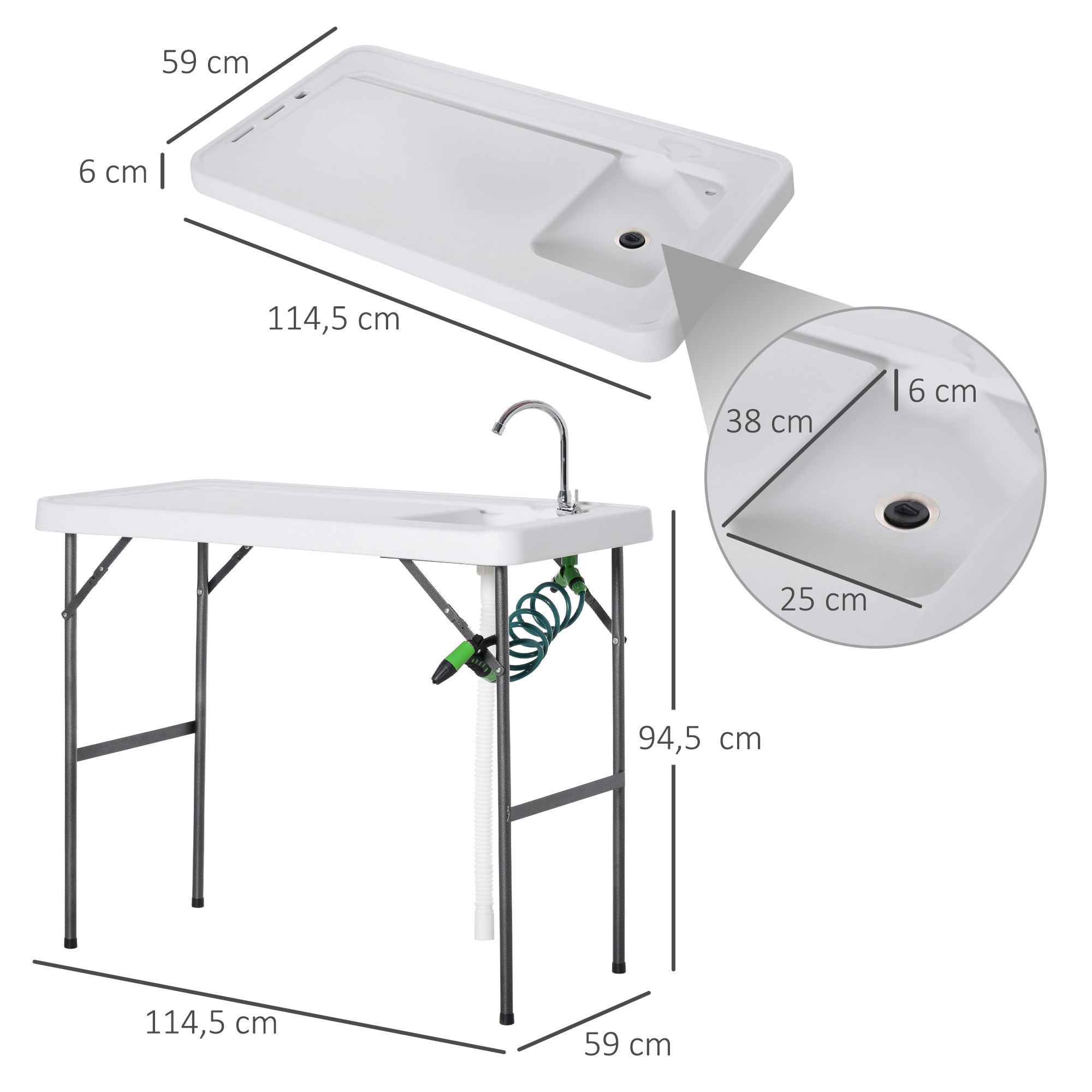 Mesa de Piquenique Dobrável com Pia e Pistola de Irrigação Extensível 114,5x59x94,5 cm - Branco