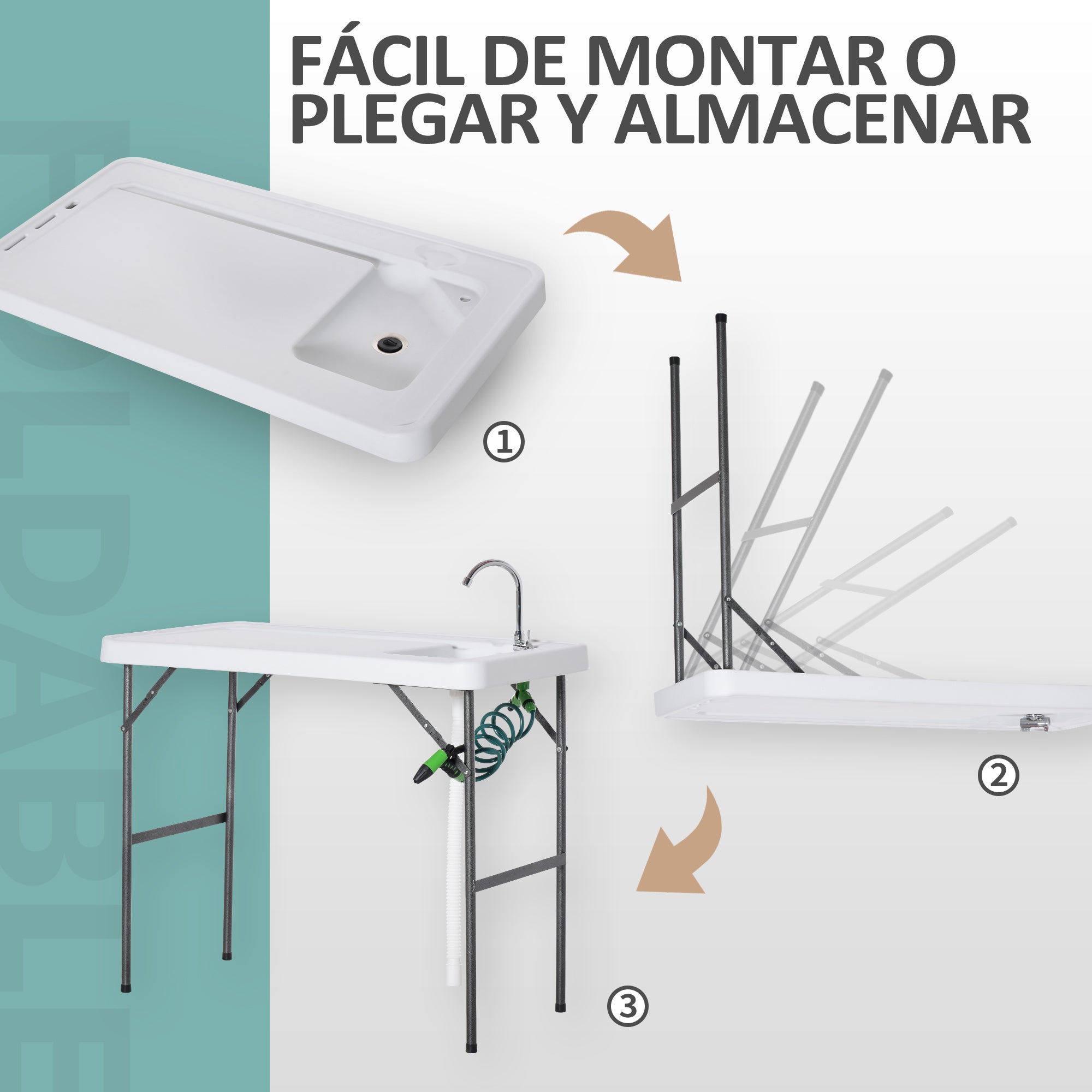 Mesa de Piquenique Dobrável com Pia e Pistola de Irrigação Extensível 114,5x59x94,5 cm - Branco