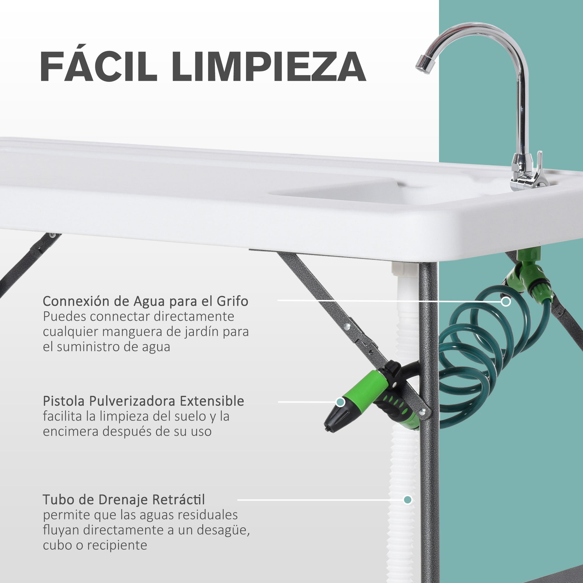 Mesa de Piquenique Dobrável com Pia e Pistola de Irrigação Extensível 114,5x59x94,5 cm - Branco