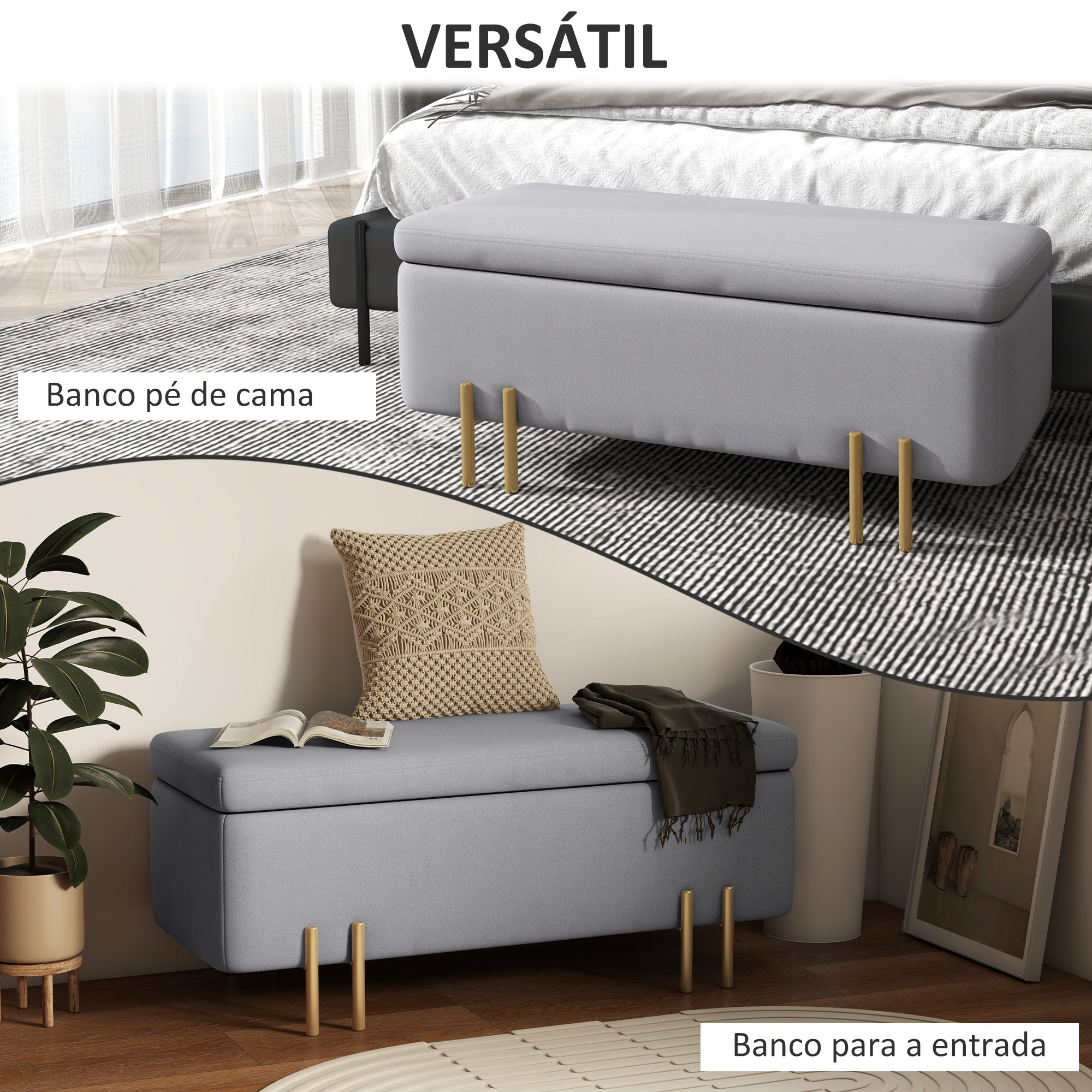 Banco Acolchoado – 100x40x42 cm – Cinza Claro – Madeira e Metal Galvanizado
