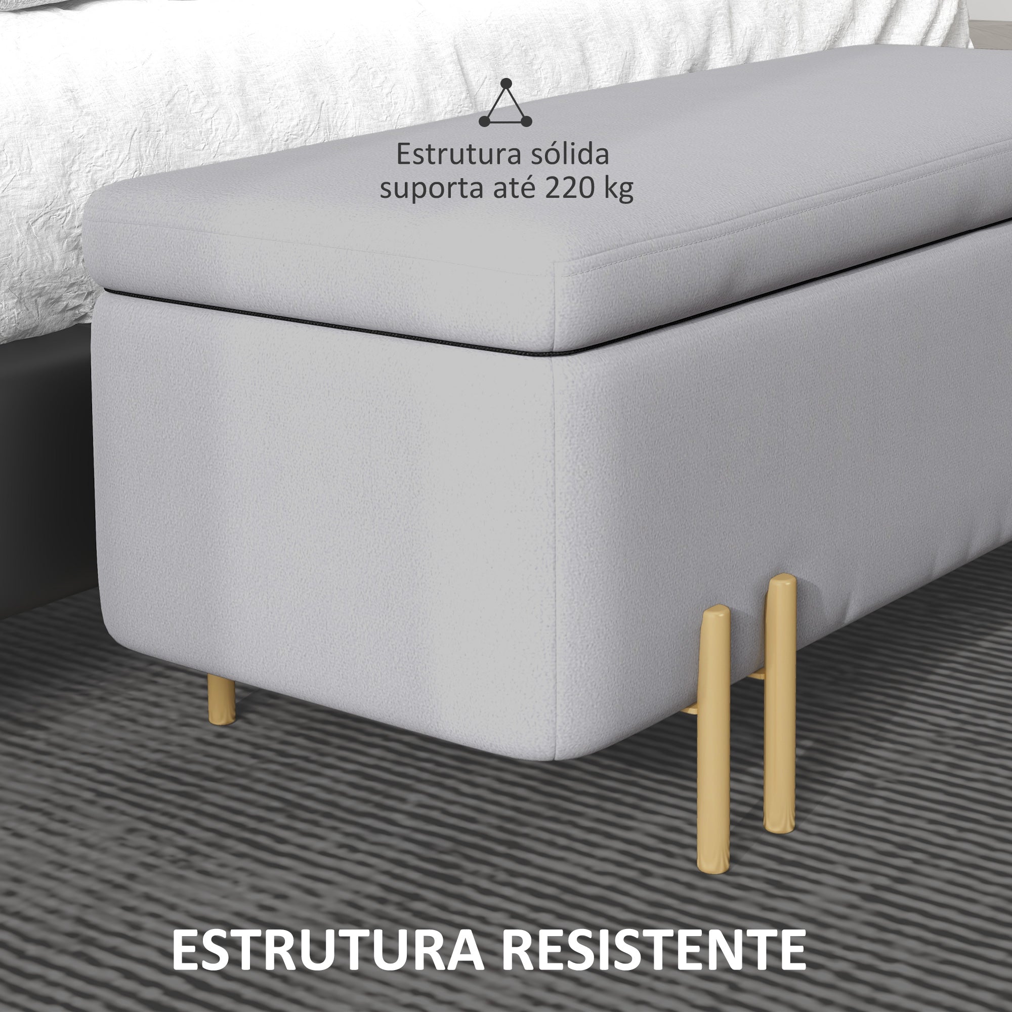 Banco Acolchoado – 100x40x42 cm – Cinza Claro – Madeira e Metal Galvanizado