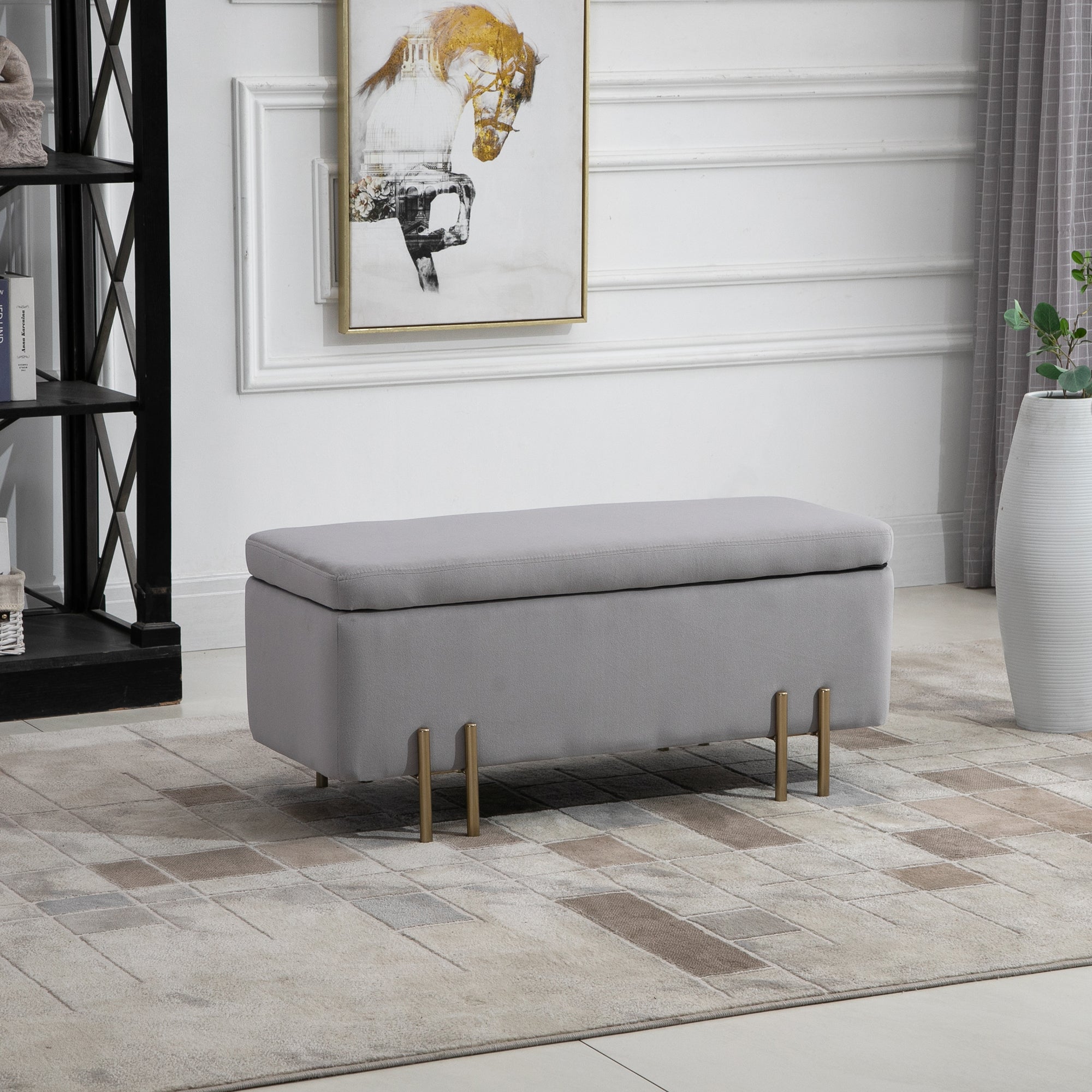 Banco Acolchoado – 100x40x42 cm – Cinza Claro – Madeira e Metal Galvanizado