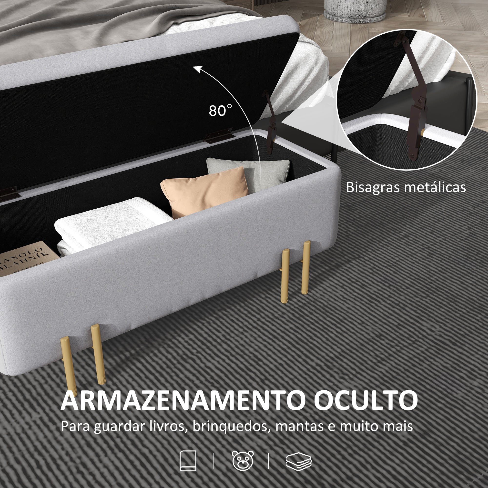 Banco Acolchoado – 100x40x42 cm – Cinza Claro – Madeira e Metal Galvanizado