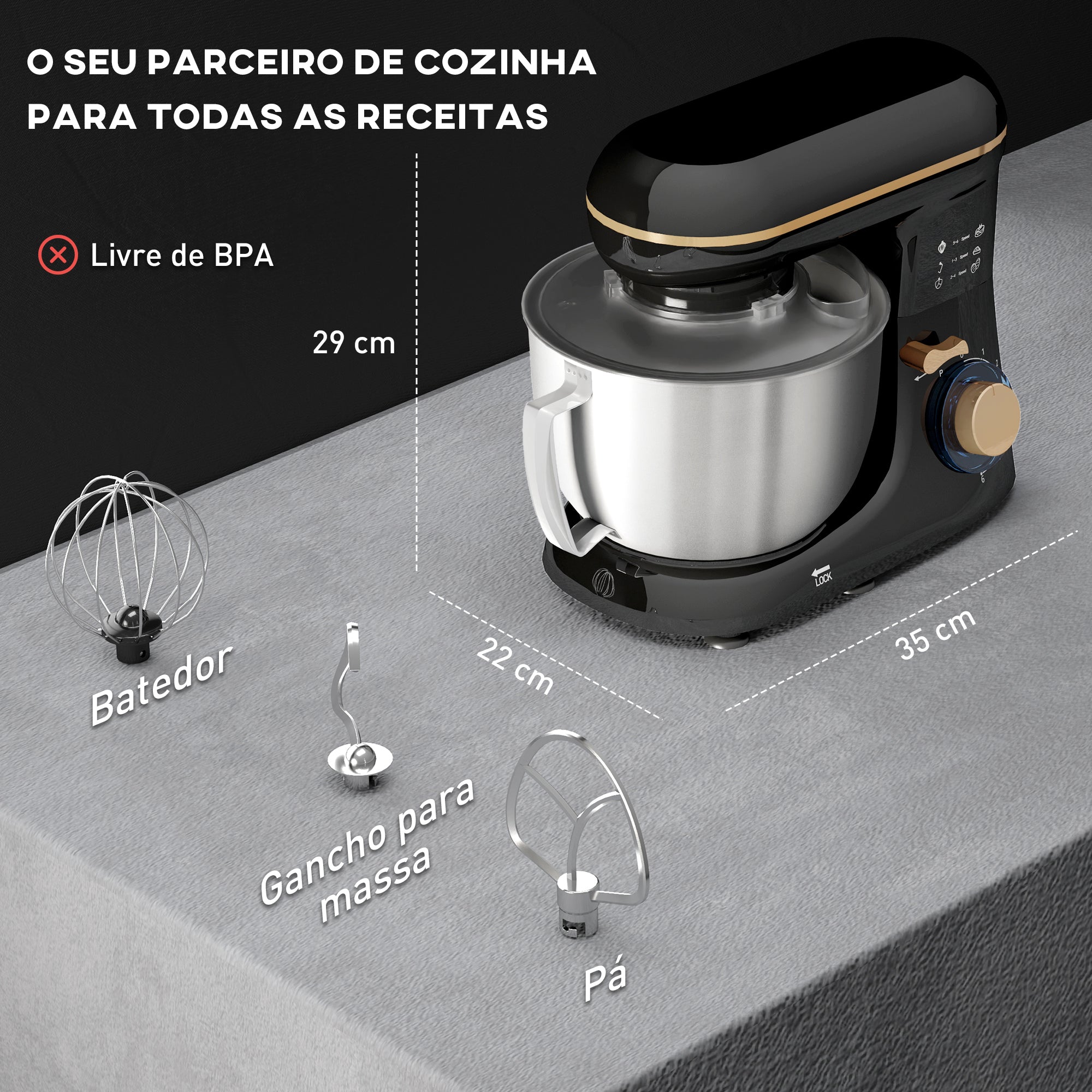 Batedeira – 4,5L – Preto – Aço inoxidável, plástico e alumínio