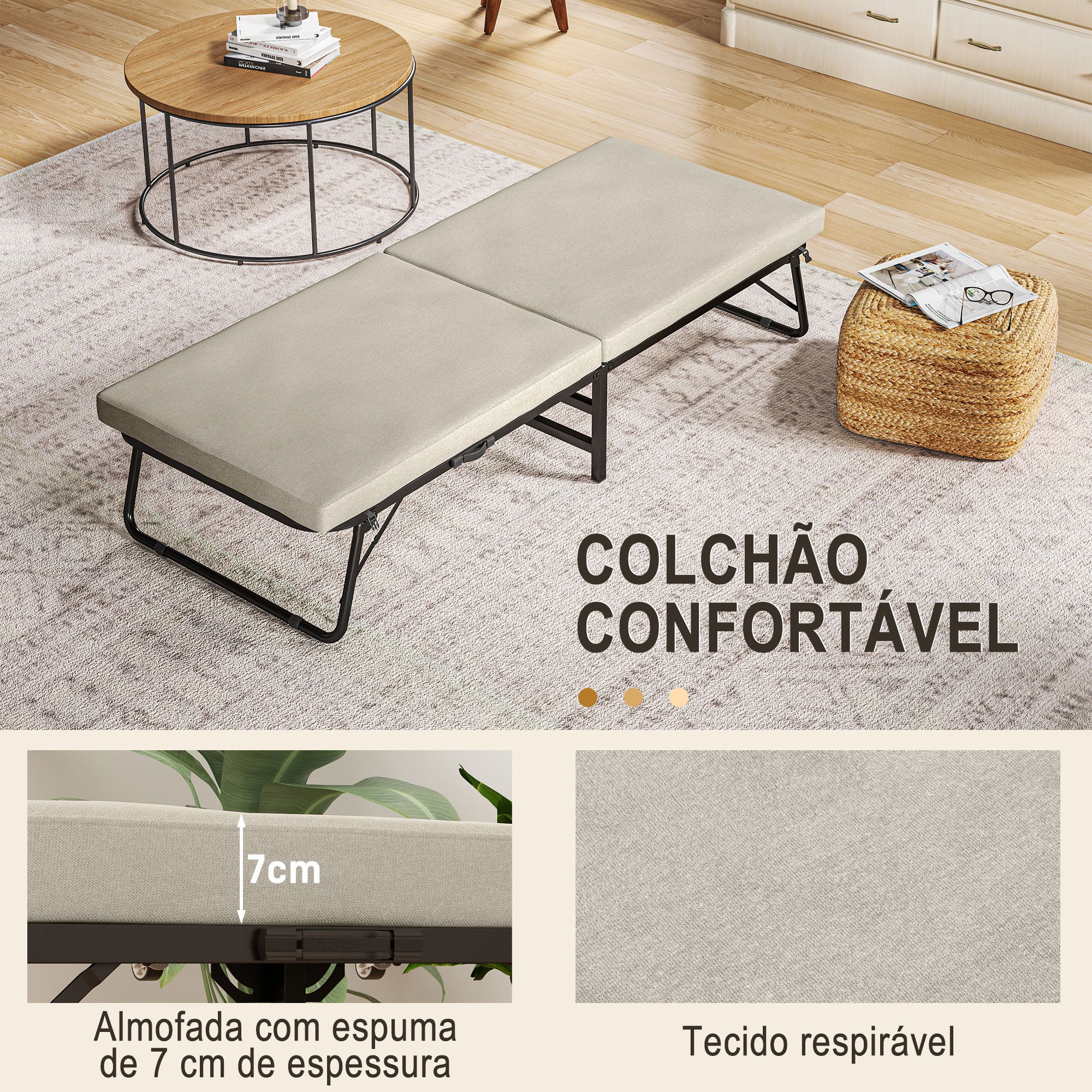 Cama Dobrável – 180x70 cm – Creme Branco – Metal e Tecido
