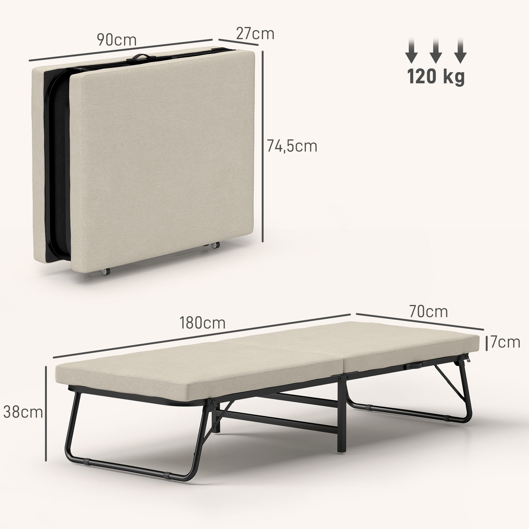 Cama Dobrável – 180x70 cm – Creme Branco – Metal e Tecido