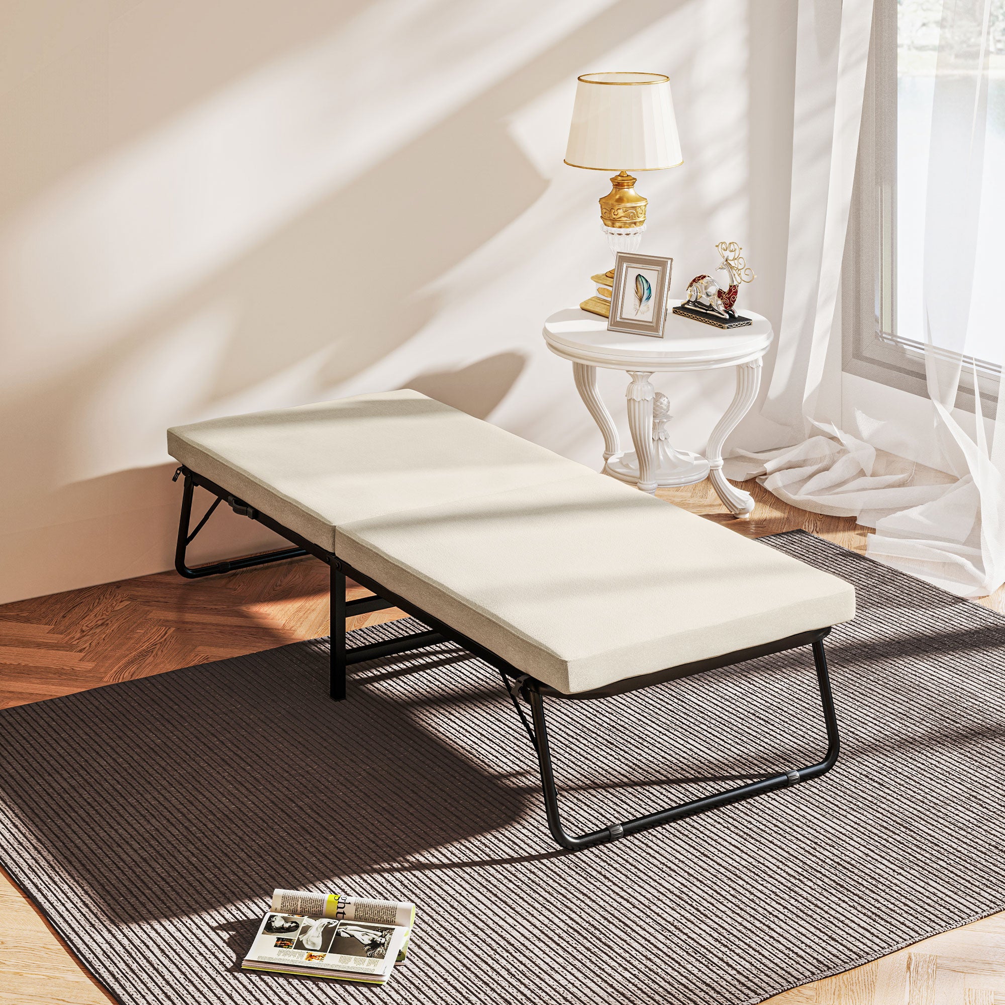 Cama Dobrável – 180x70 cm – Creme Branco – Metal e Tecido