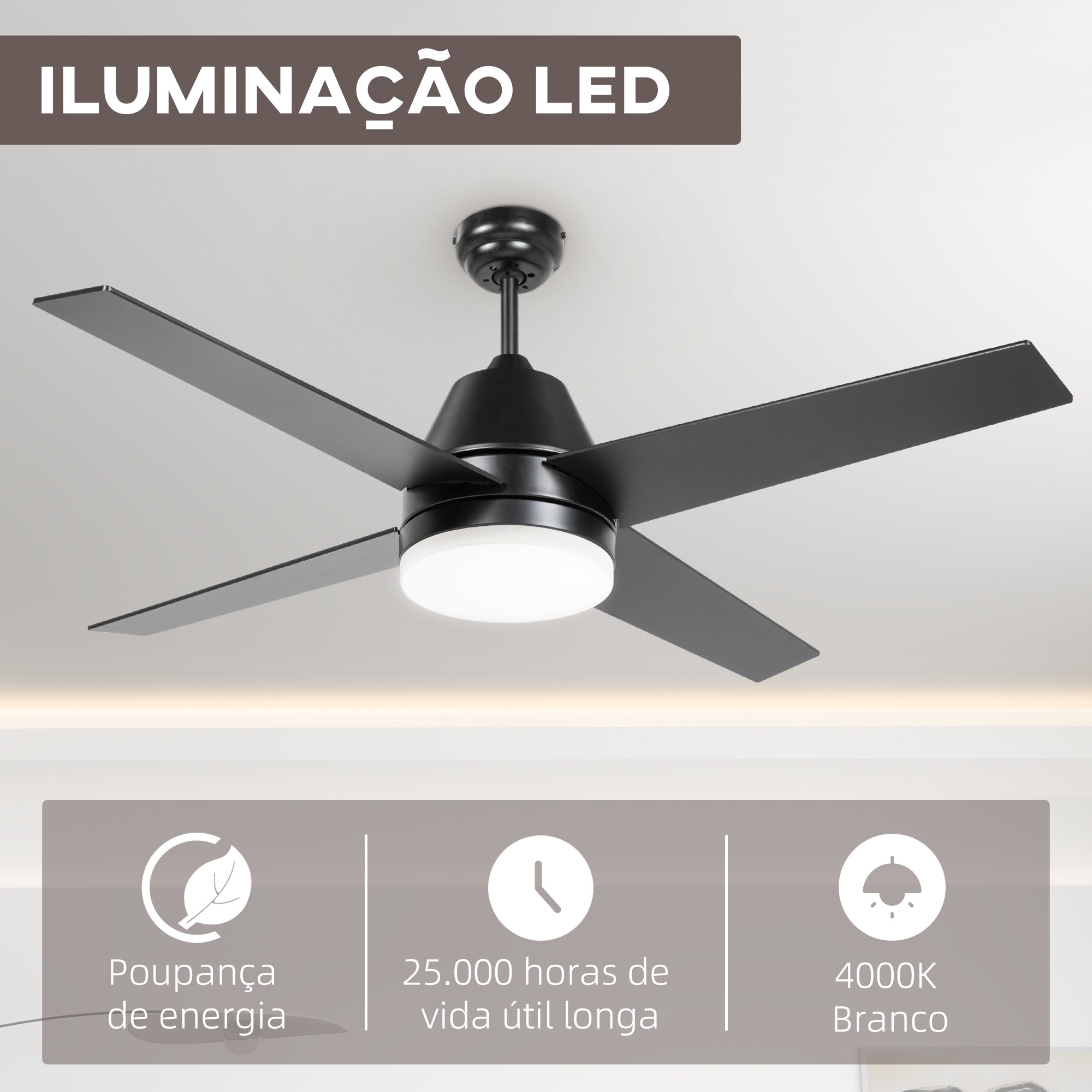 Ventoinha de Teto com Luz Ø129x45 cm - Cor Preto