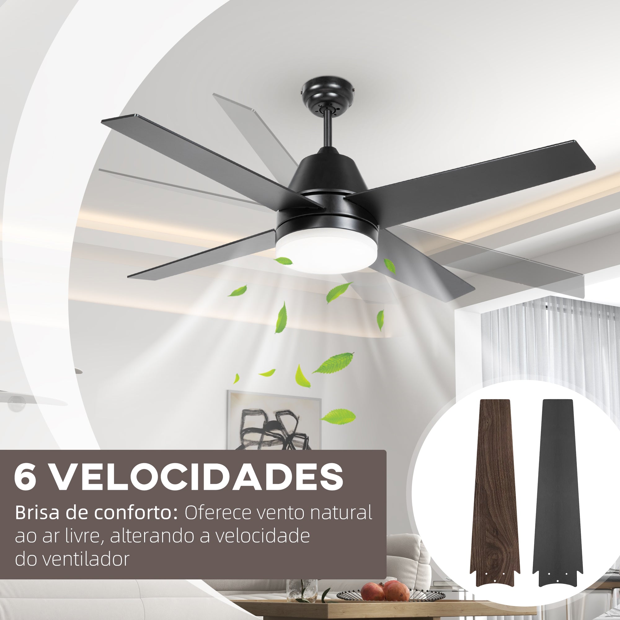 Ventoinha de Teto com Luz Ø129x45 cm - Cor Preto