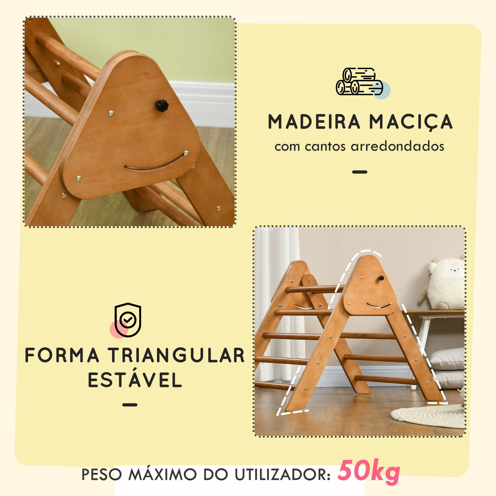 Triângulo de Aprendizagem para Crianças 90x64x70 cm - Cor de Madeira Natural