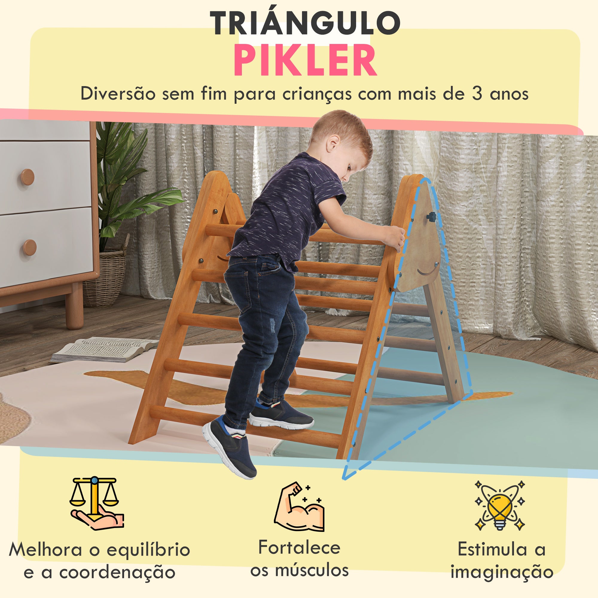 Triângulo de Aprendizagem para Crianças 90x64x70 cm - Cor de Madeira Natural