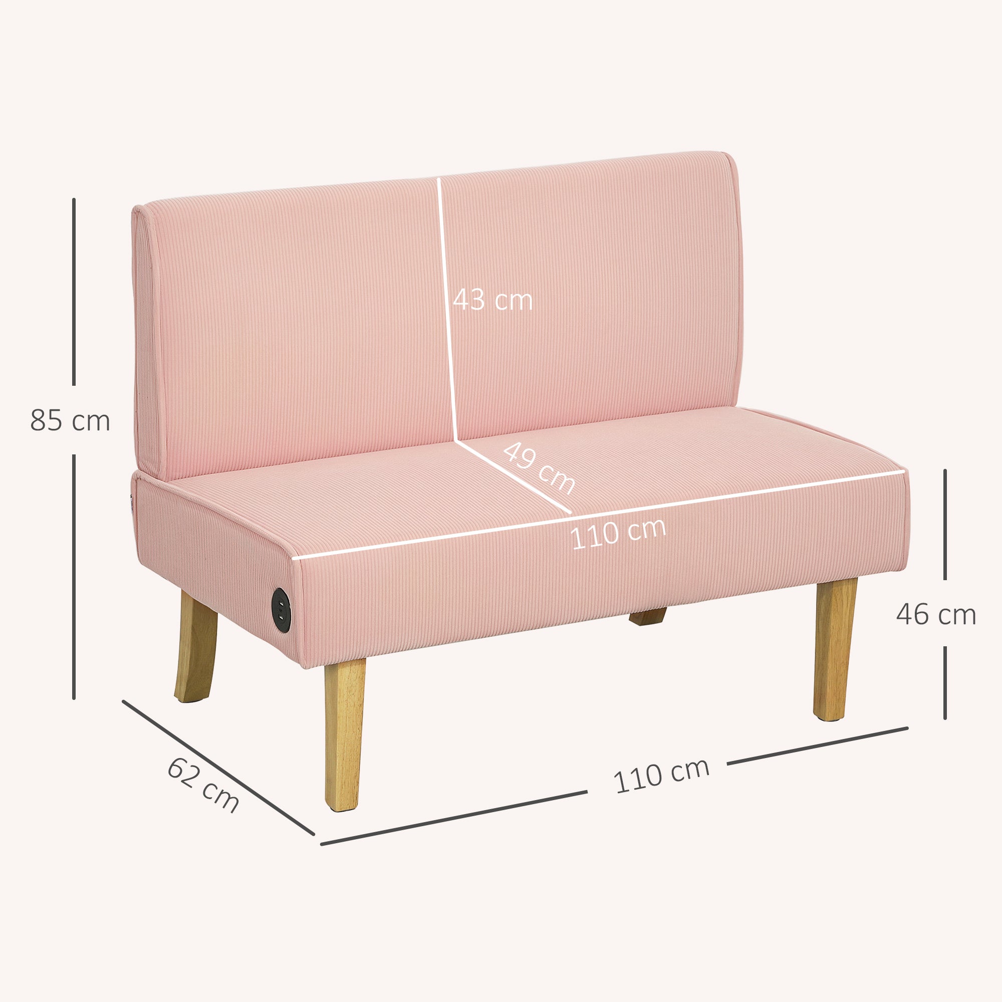 Sofá de 2 Lugares em Veludo Cotelê Rosa 110x62x85 cm