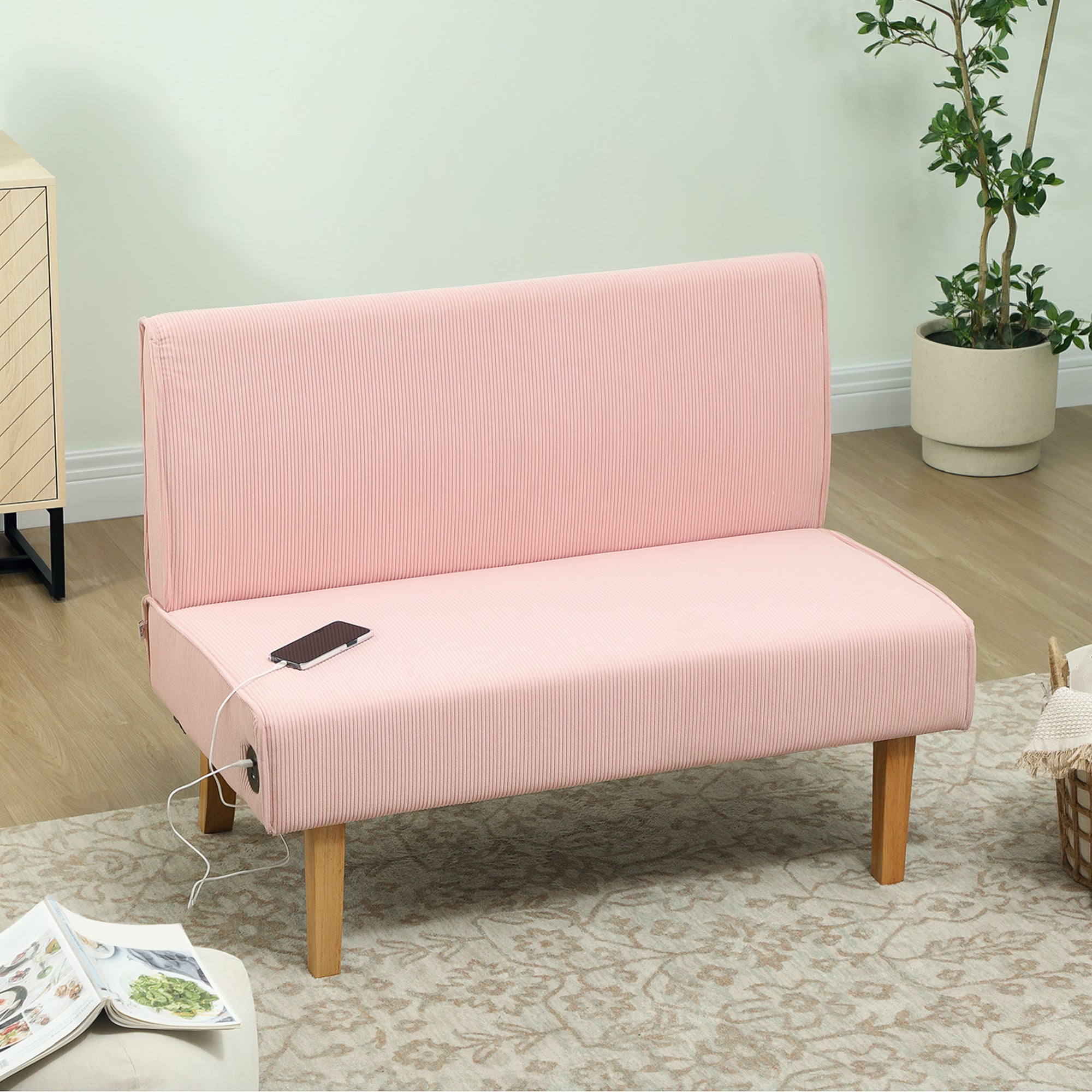 Sofá de 2 Lugares em Veludo Cotelê Rosa 110x62x85 cm
