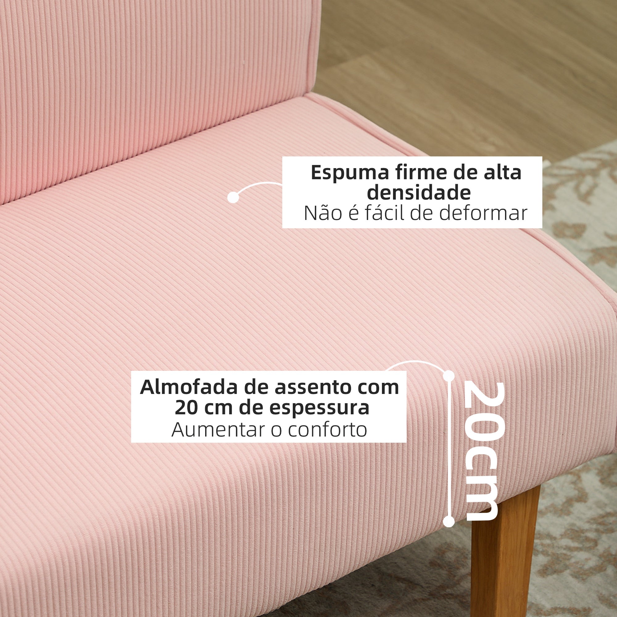 Sofá de 2 Lugares em Veludo Cotelê Rosa 110x62x85 cm