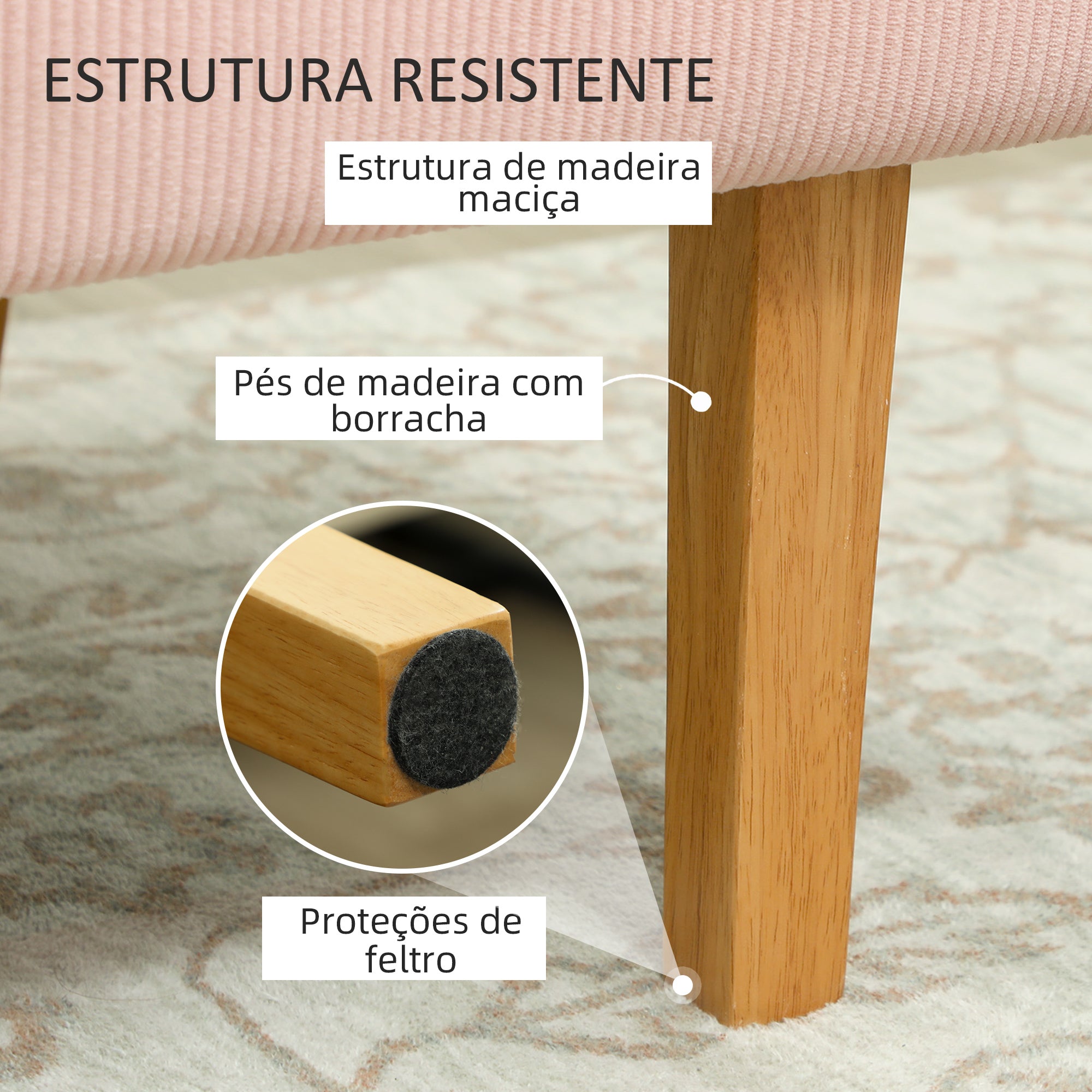 Sofá de 2 Lugares em Veludo Cotelê Rosa 110x62x85 cm