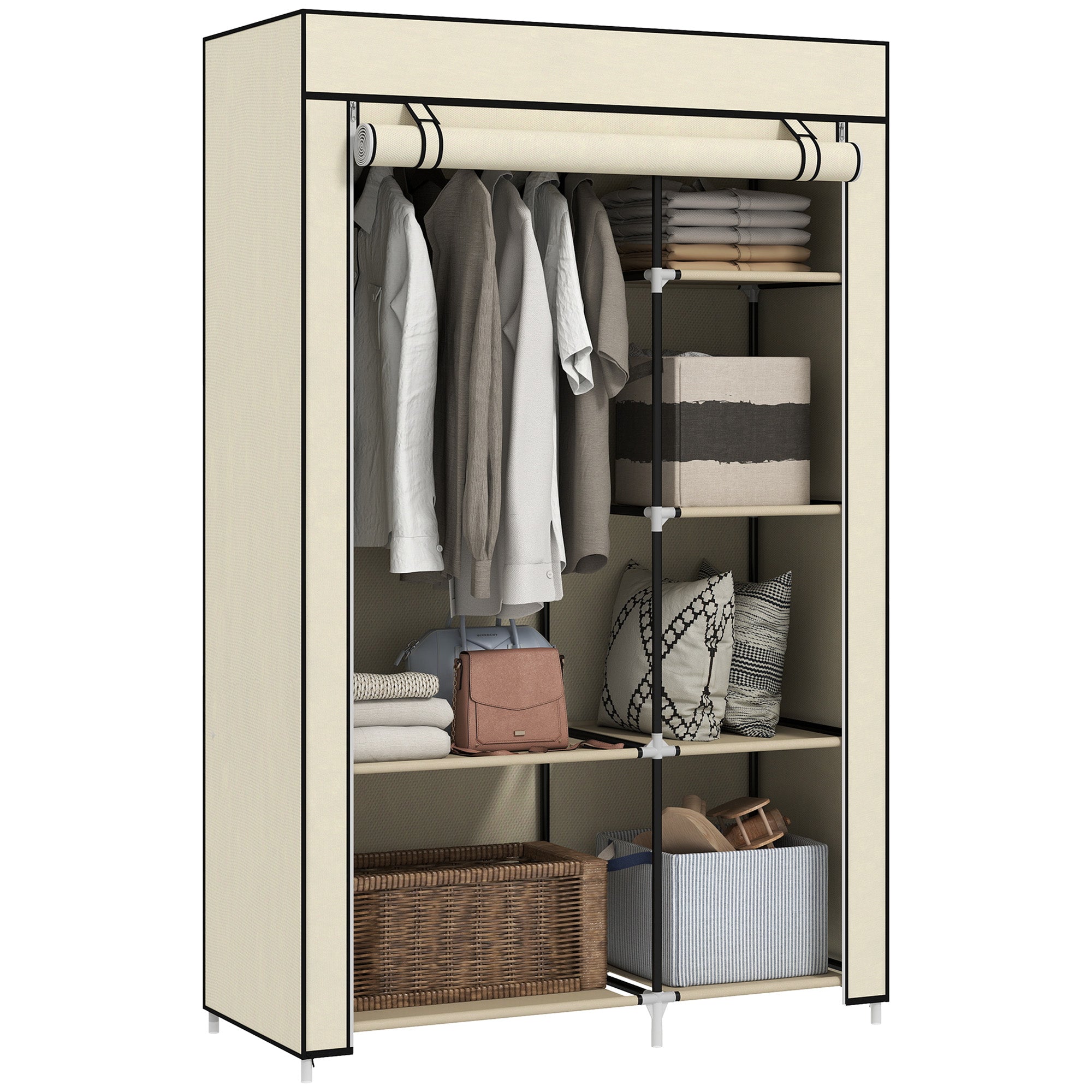 Roupeiro de Tecido Dobrável 103x43x162,5cm - Cor Creme Branco