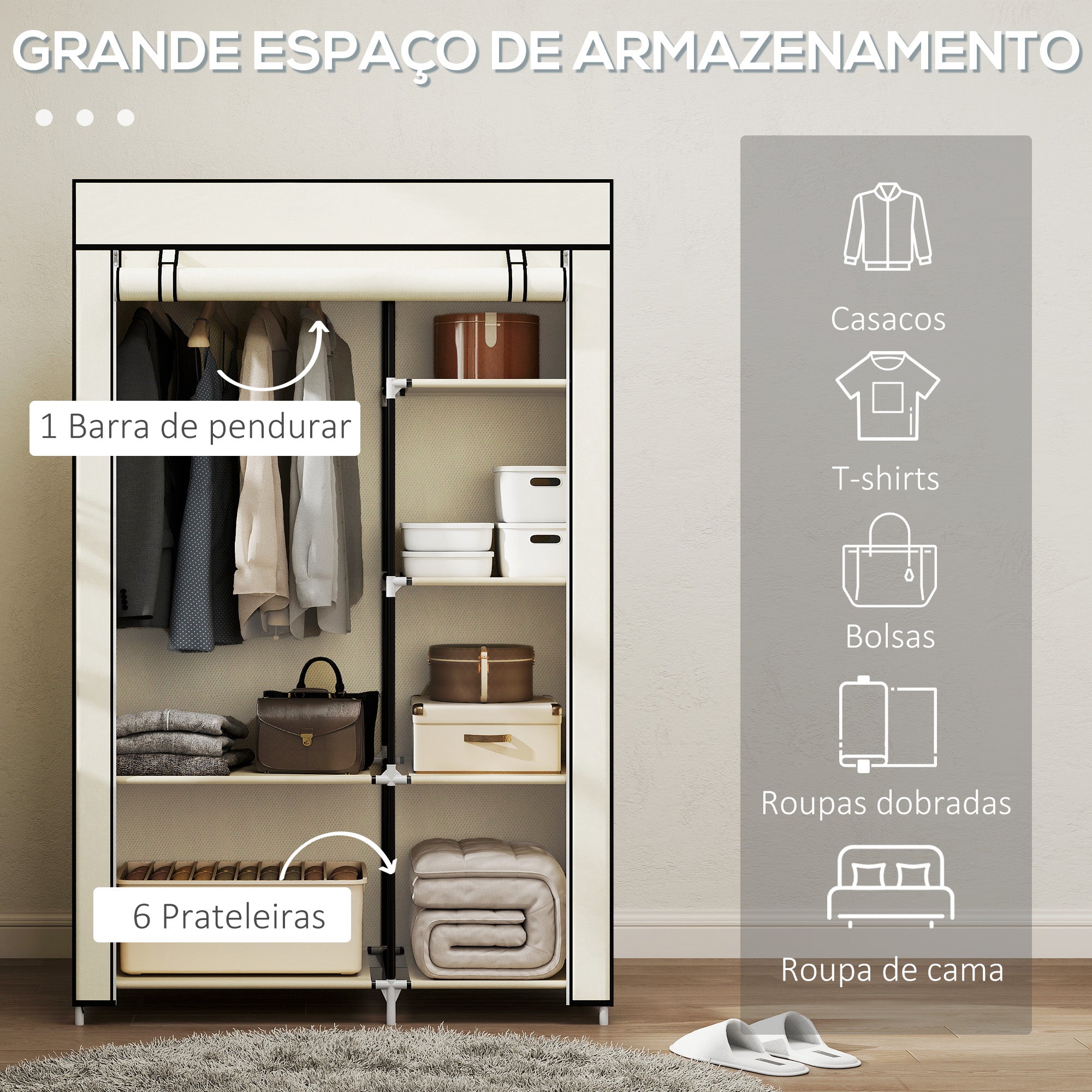 Roupeiro de Tecido Dobrável 103x43x162,5cm - Cor Creme Branco