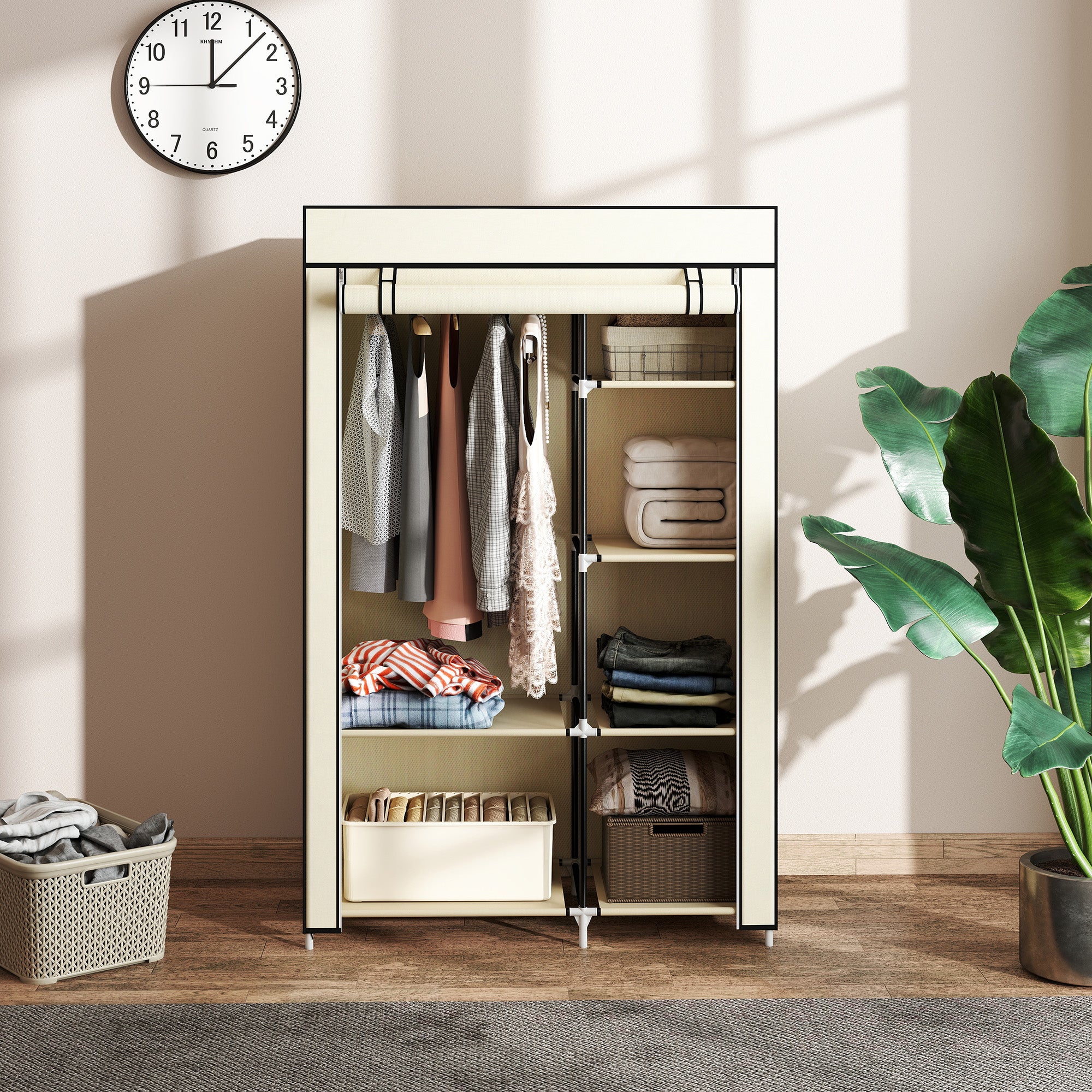 Roupeiro de Tecido Dobrável 103x43x162,5cm - Cor Creme Branco