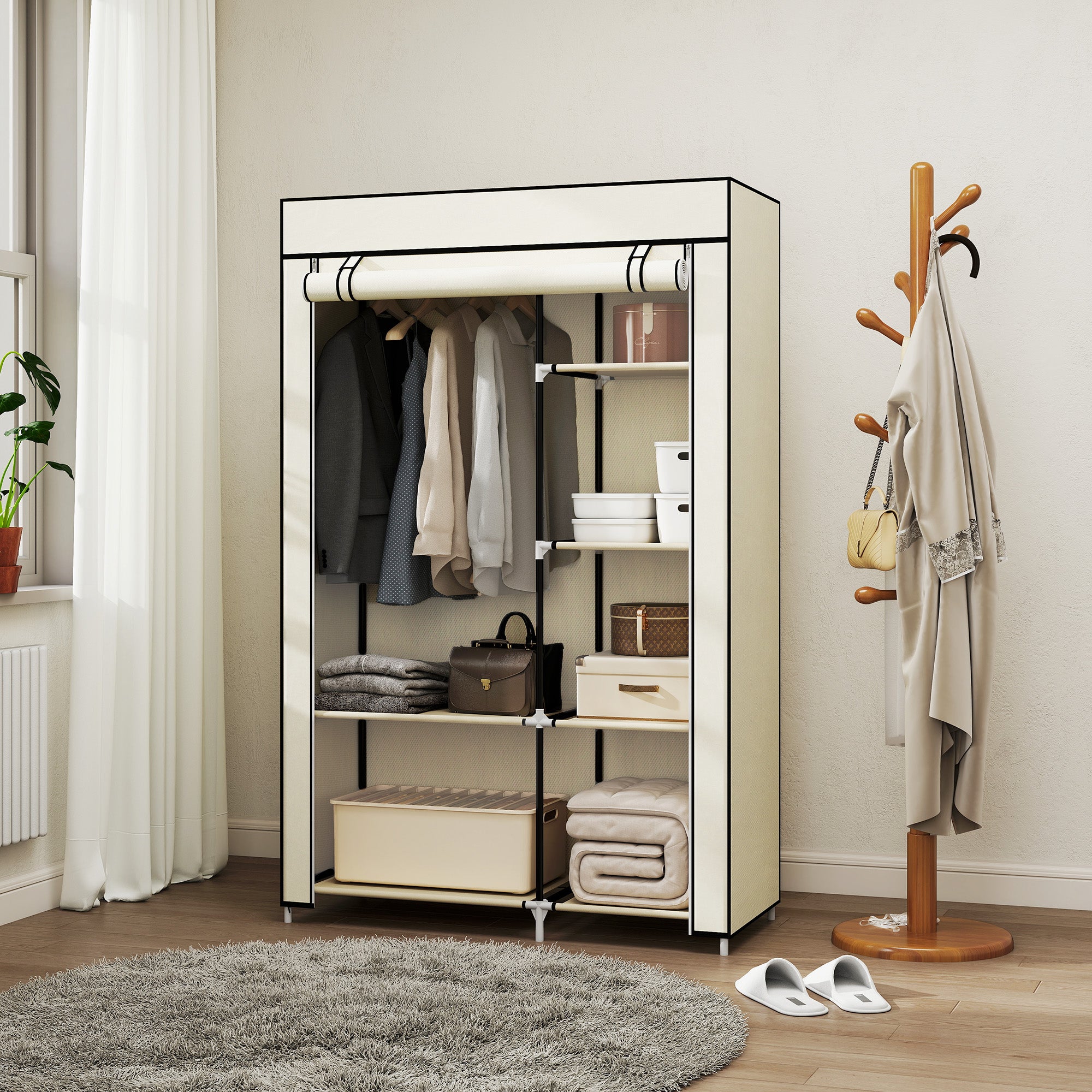 Roupeiro de Tecido Dobrável 103x43x162,5cm - Cor Creme Branco